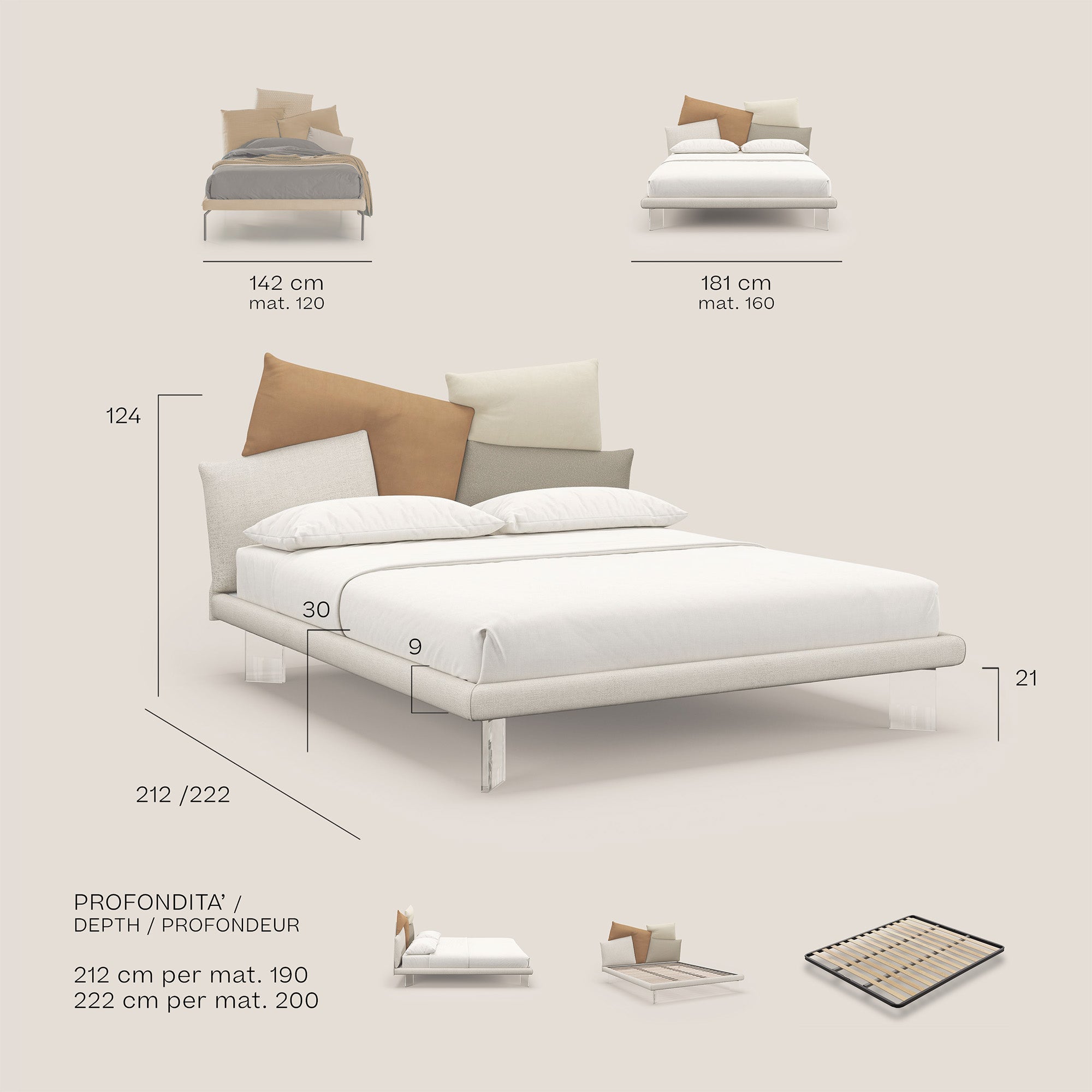 Rebus letto imbottito dal design moderno con piedi trasparenti in plexiglass rosso - divani.store