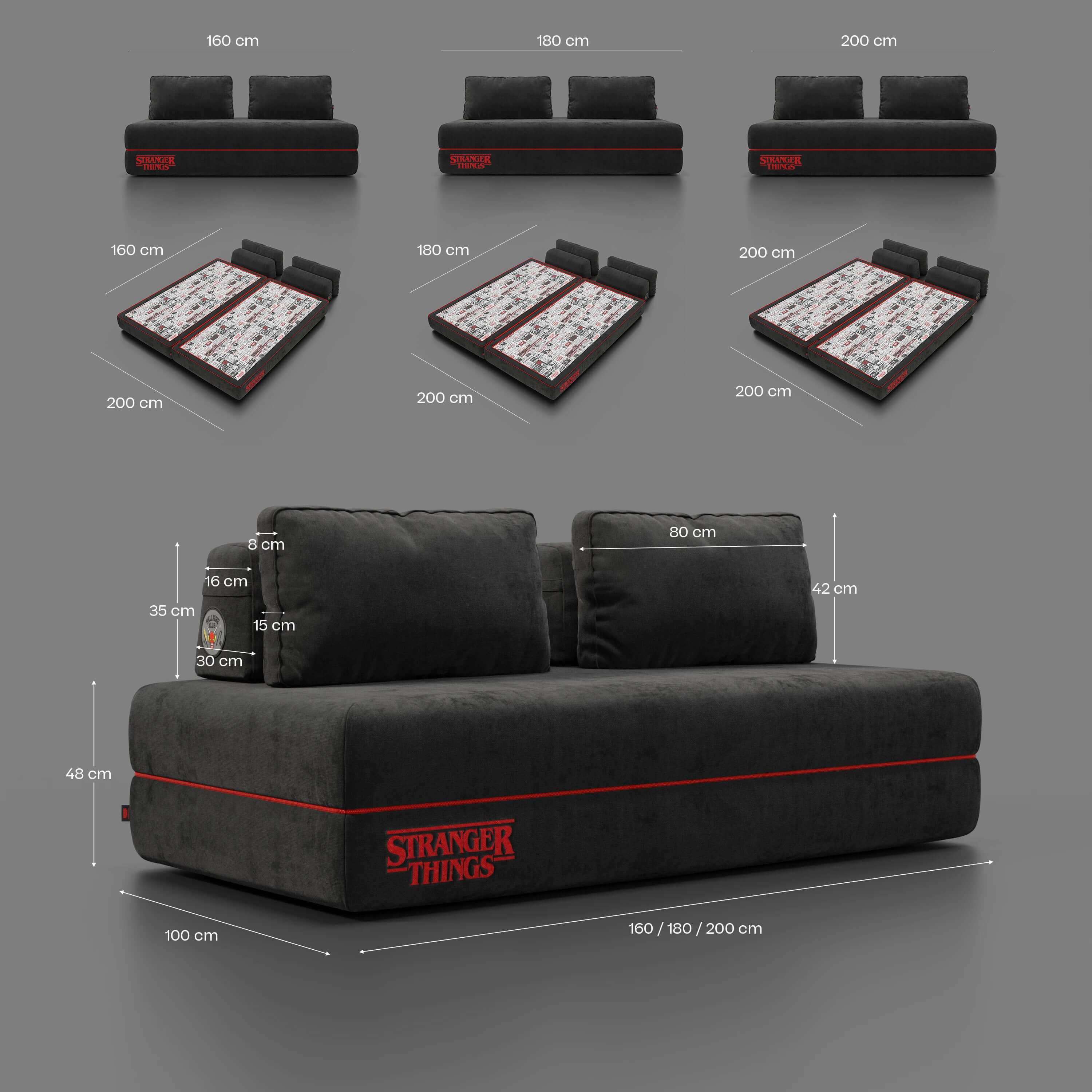 Rift Schlafsofa STRANGER THINGS Edition 2-Sitzer und 3-Sitzer mit beweglichen Rückenlehnen – 22 cm hohe Matratze und Memory- Foam aus abwaschbarem Stoff Anthrazit