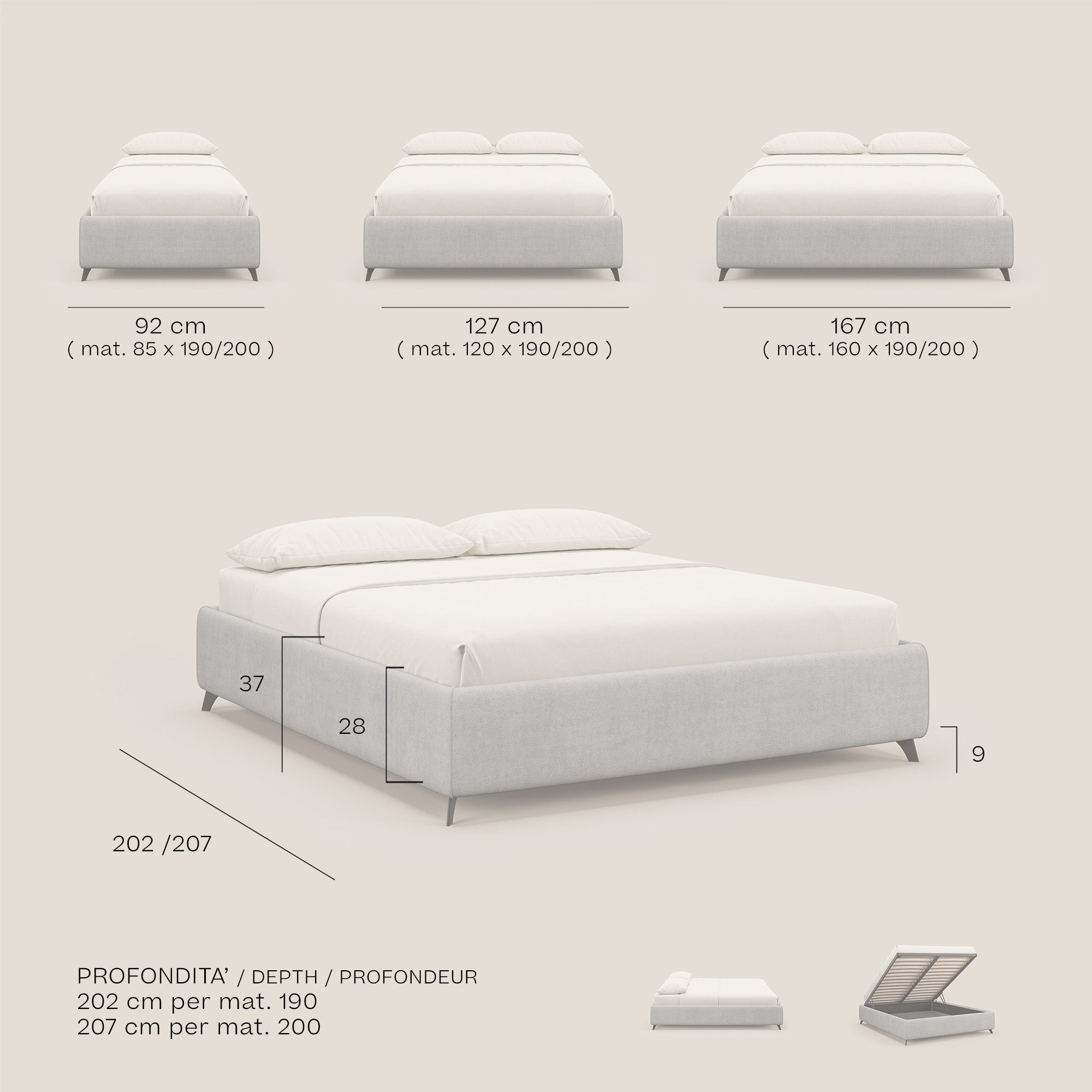 Sara sommier con giroletto contenitore in tessuto impermeabile T02 grigio chiaro - divani.store