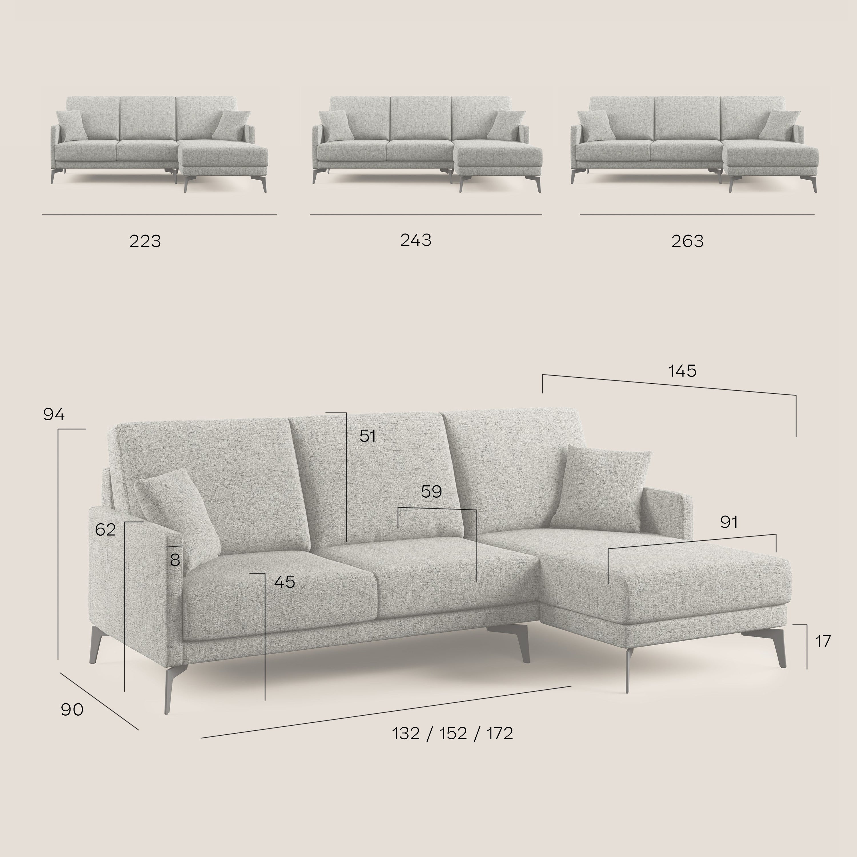 Saturno divano angolare moderno in tessuto morbido impermeabile T03 grigio chiaro - divani.store