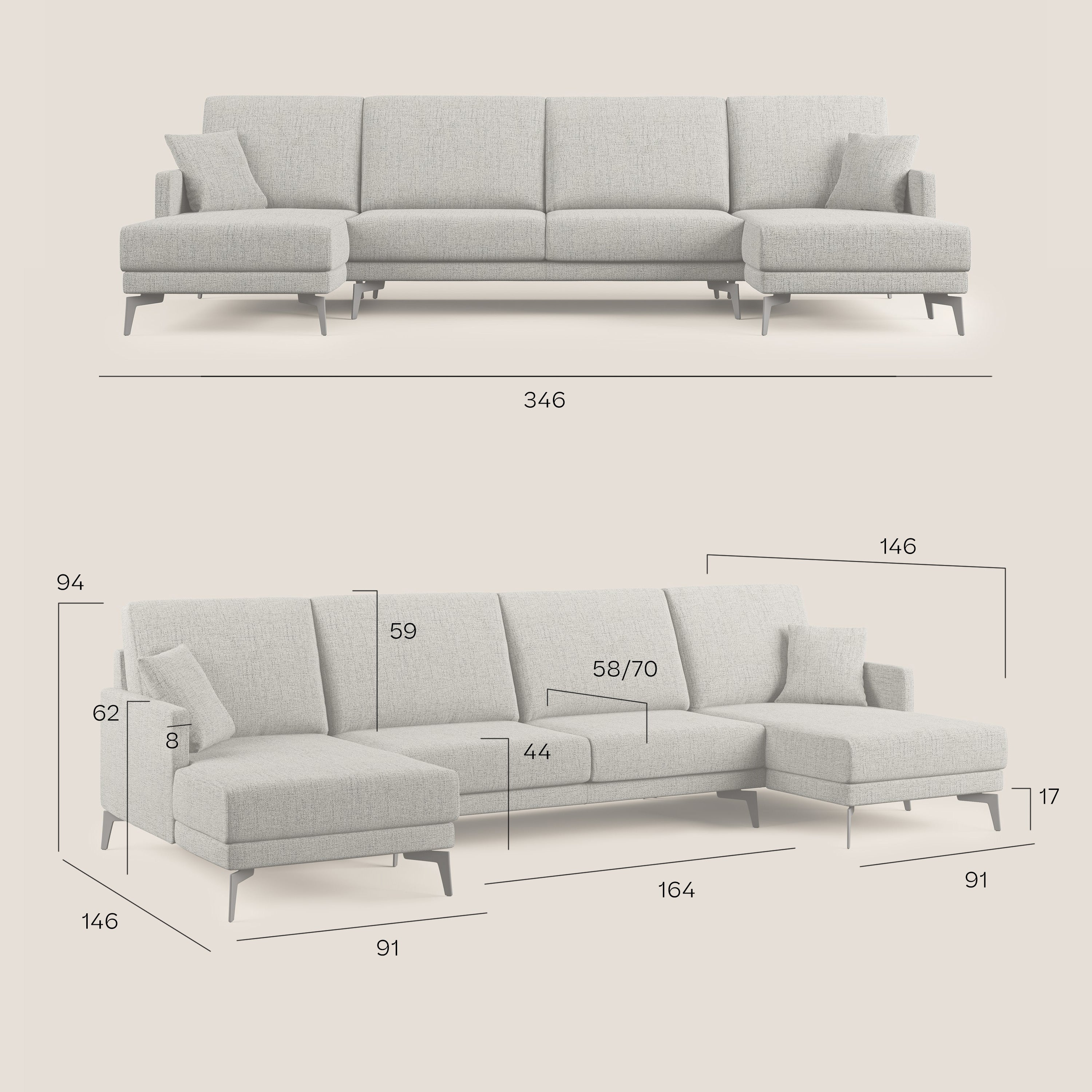 Saturno divano panoramico moderno in tessuto morbido impermeabile T03 verde acqua - divani.store