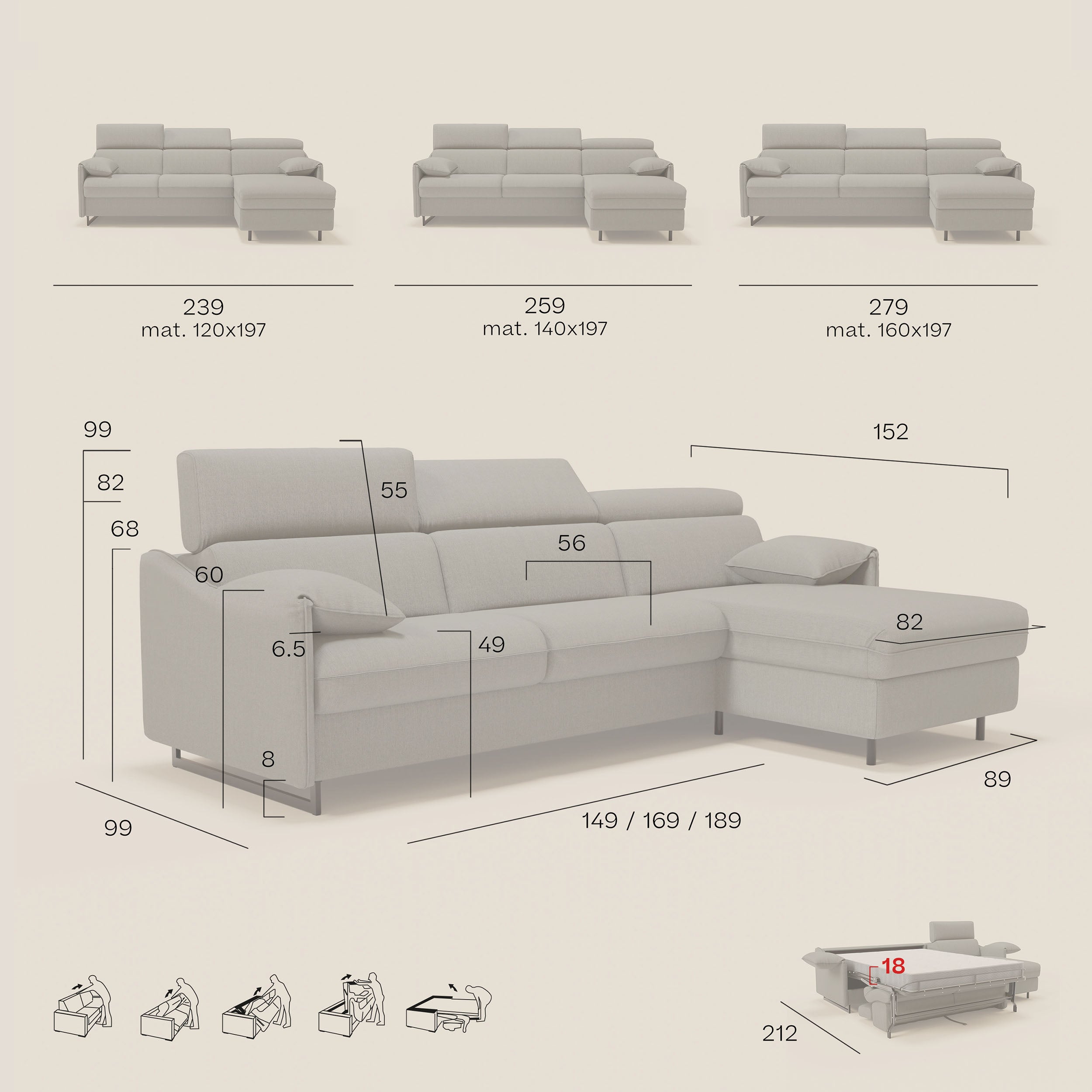 Violetta Divano Letto Angolare con Penisola contenitore, Poggiatesta e Materasso Alto H18 in tessuto impermeabile T13 - divani.store