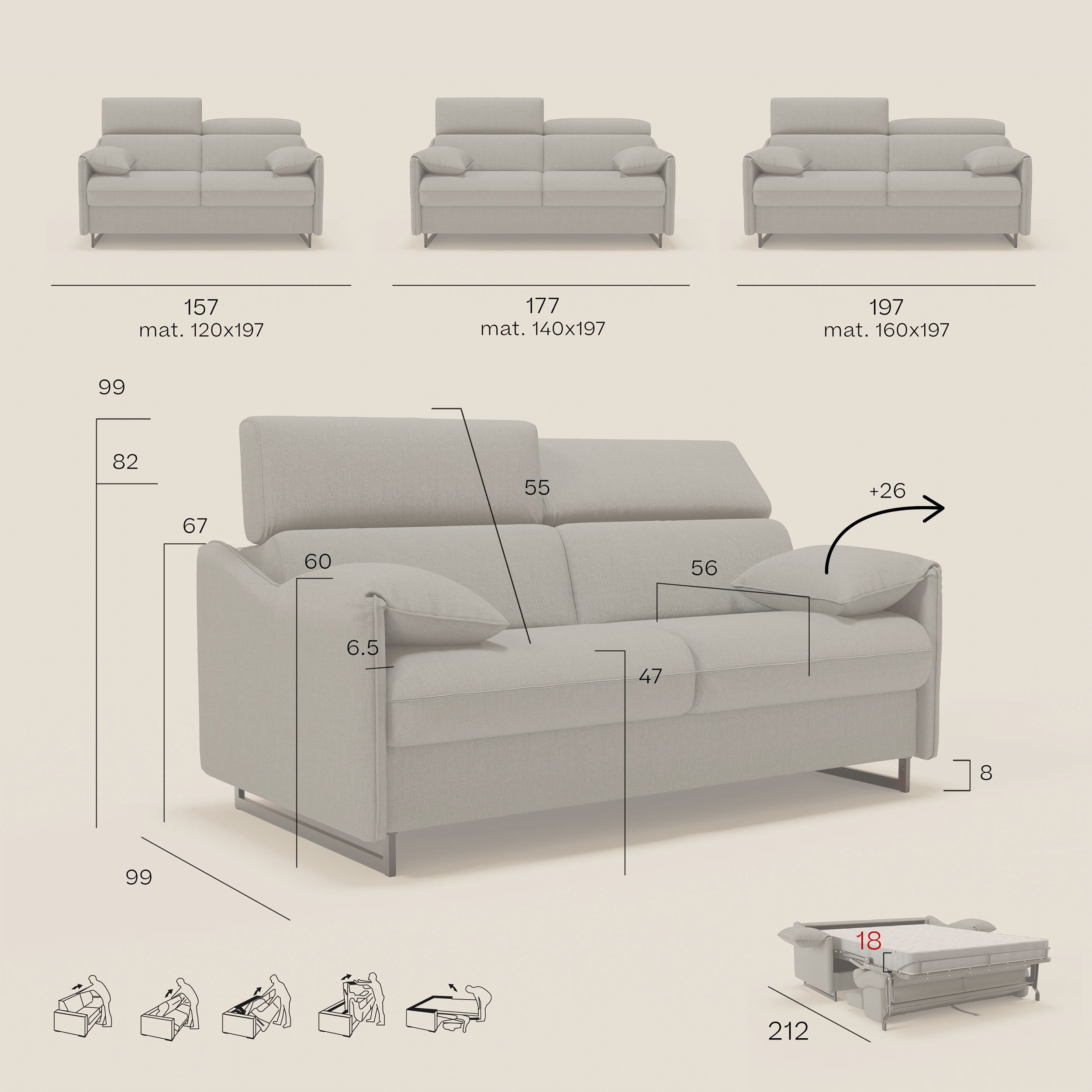 Violetta divano letto materasso H18 cm - poggiatesta reclinabili e braccioli mobili in tessuto impermeabile T13 - divani.store