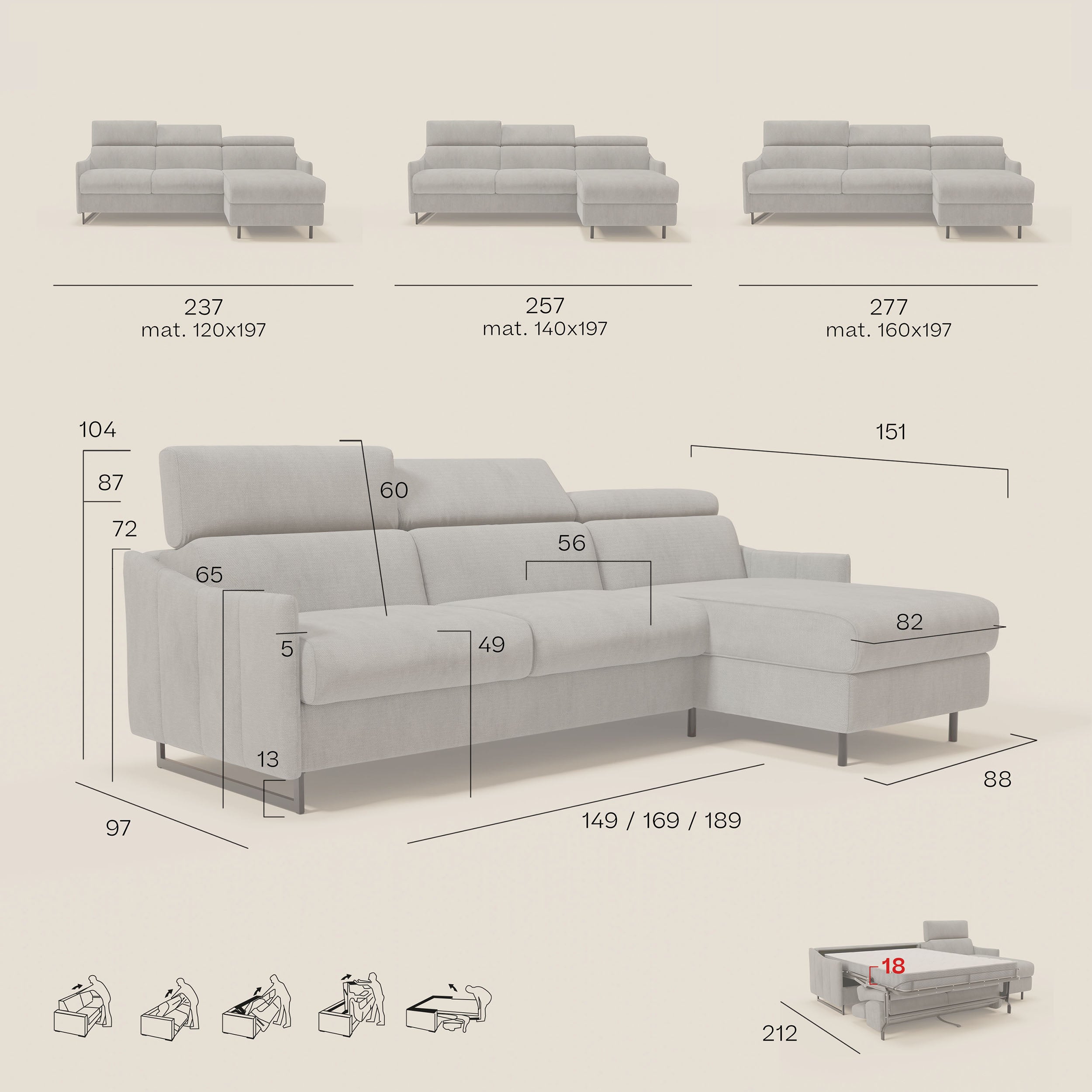 Loto Divano Letto Angolare con Penisola contenitore, Poggiatesta, Materasso Alto H18 in morbido tessuto impermeabile T14 - divani.store