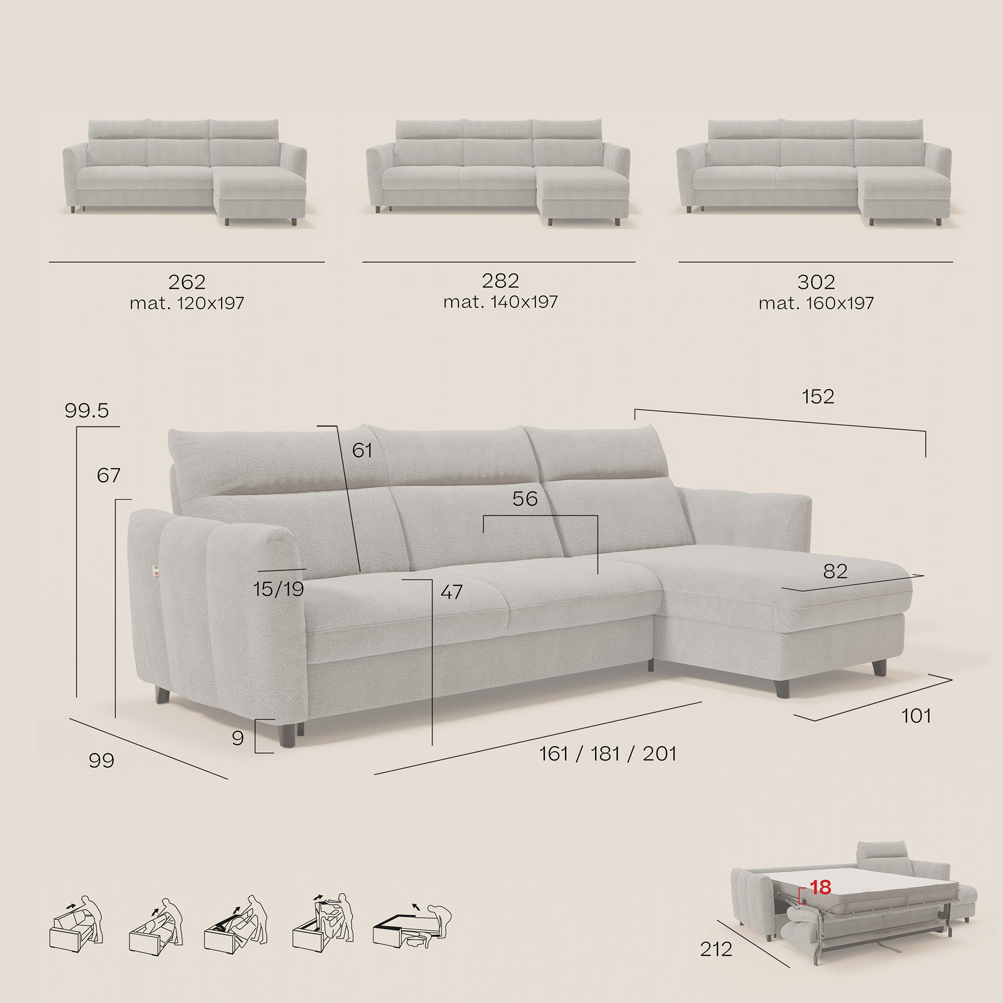 Peonia divano letto angolare con Penisola Contenitore - Materasso H18 cm in Bouclé Impermeabile T07 - divani.store