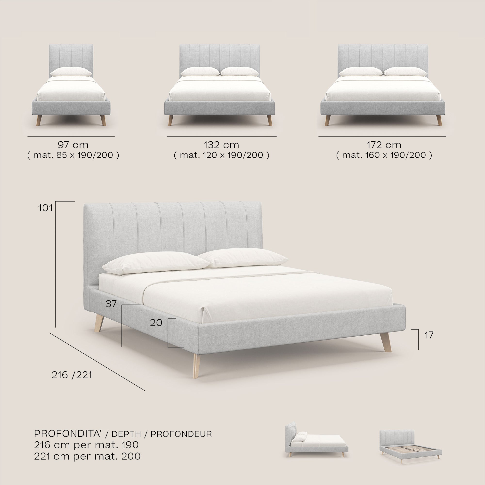 Selene letto imbottito con piedini naturali sfoderabile in tessuto impermeabile T02 beige - divani.store