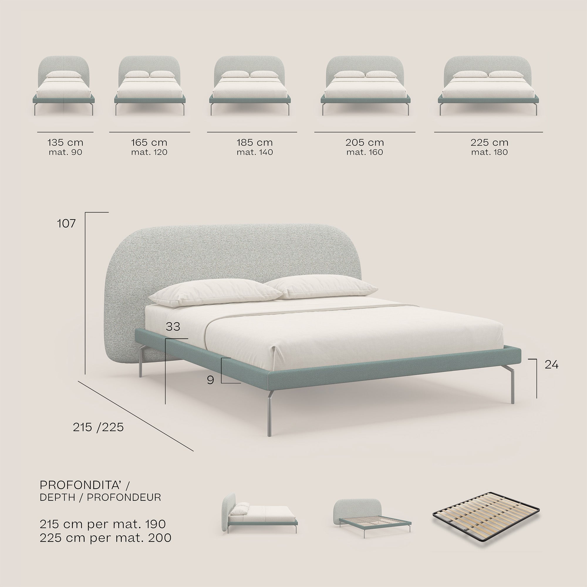 Soleil letto imbottito di design con piedi alti in metallo in bouclet smacchiabile T12 viola - divani.store