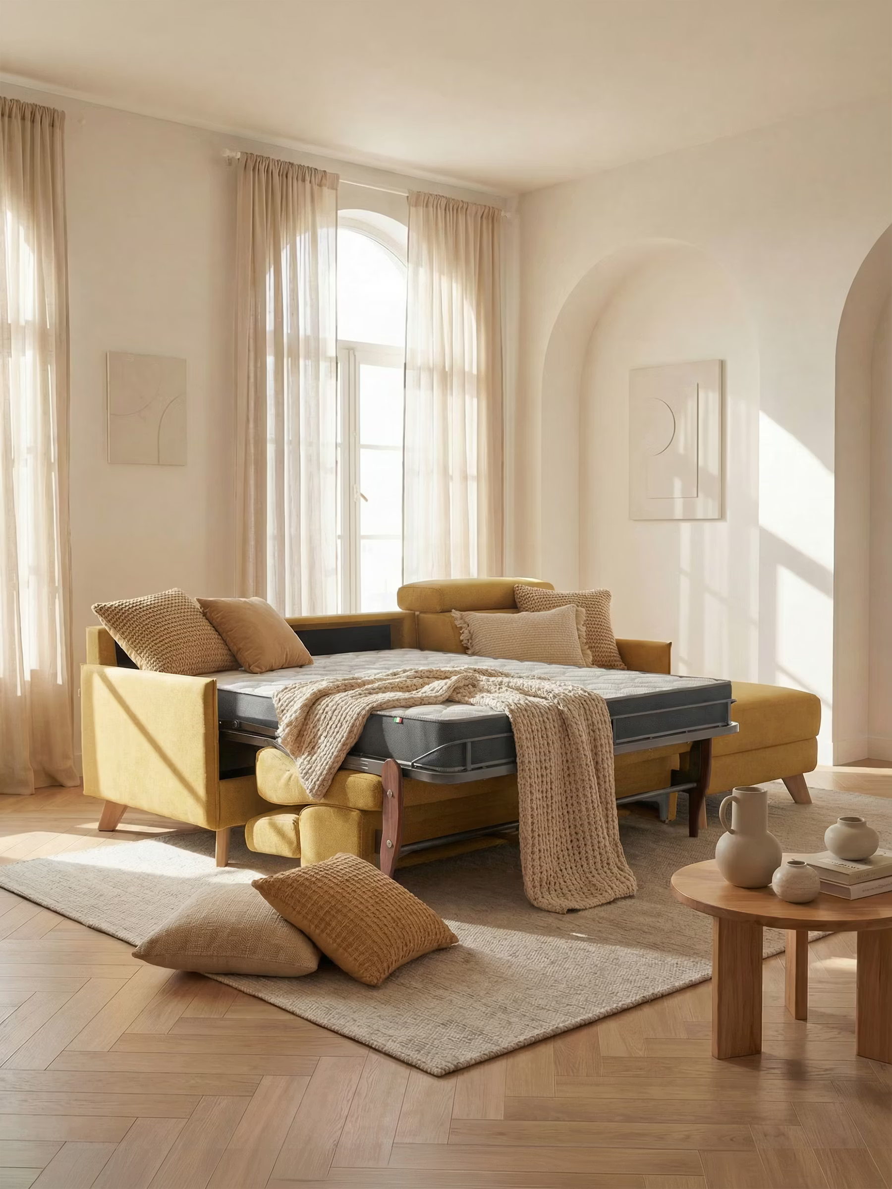 Sole Divano letto matrimoniale angolare con penisola contenitore e poggiatesta reclinabili - tessuto smacchiabile T23