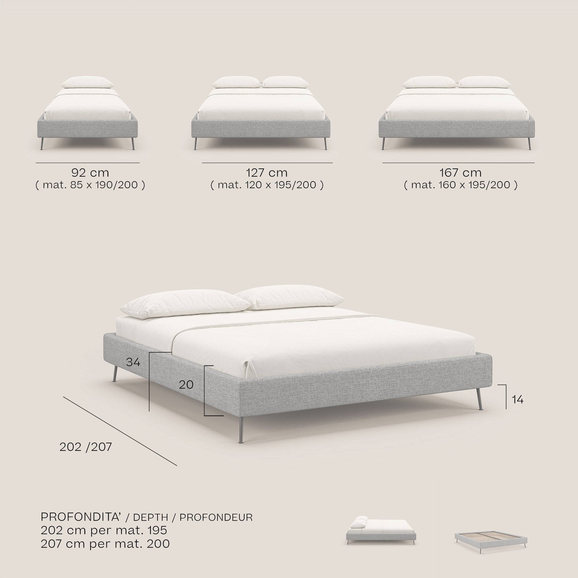 Steve sommier giroletto piedi alti in tessuto impermeabile T10 grigio chiaro - divani.store