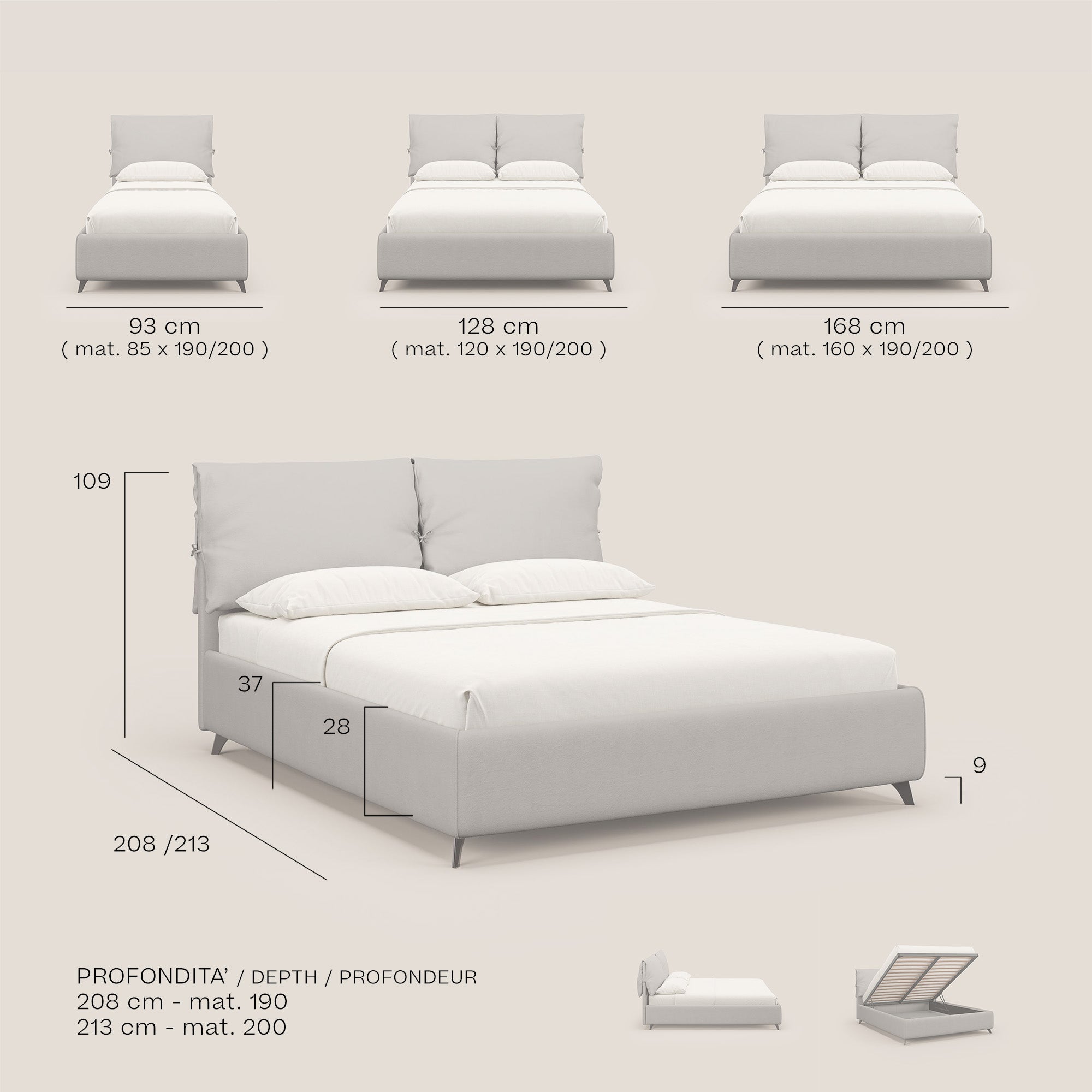 Susan letto imbottito contenitore completamente sfoderabile in microfibra smacchiabile T11 beige - divani.store