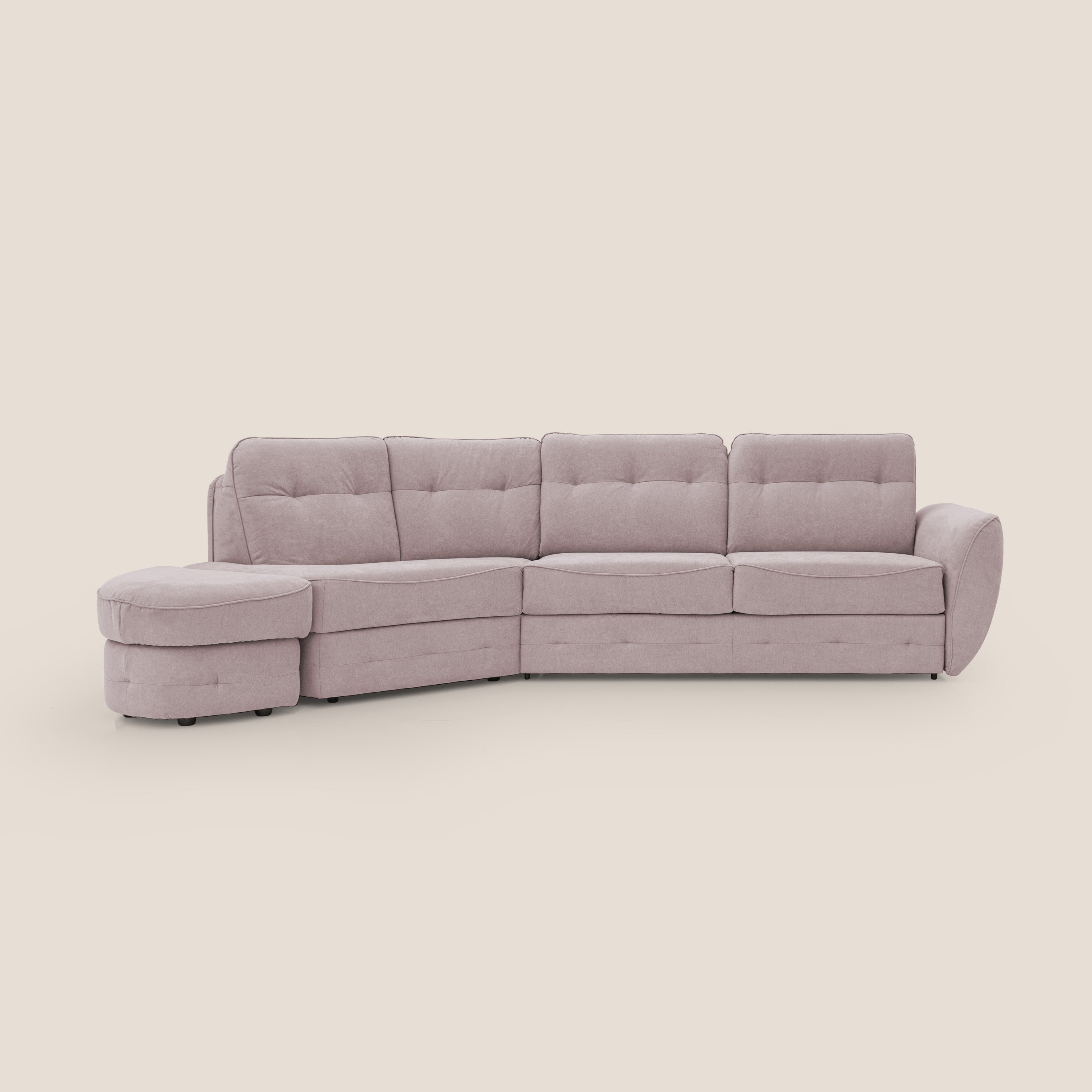 Zeus divano letto angolare con materasso H18 cm pouf mobile in tessuto impermeabile T02 rosa - divani.store