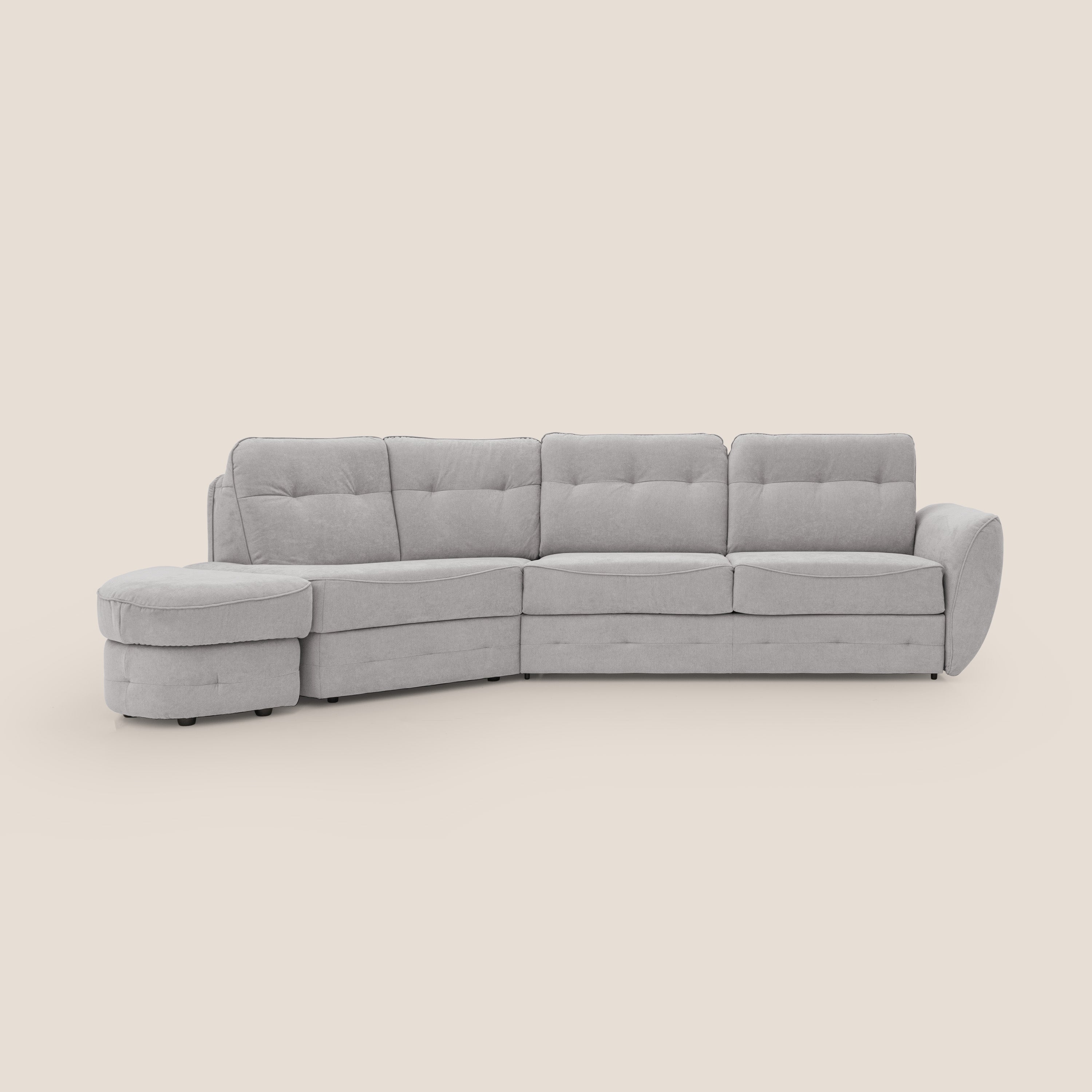 Zeus divano letto angolare con materasso H18 cm pouf mobile in tessuto impermeabile T02 grigio chiaro - divani.store
