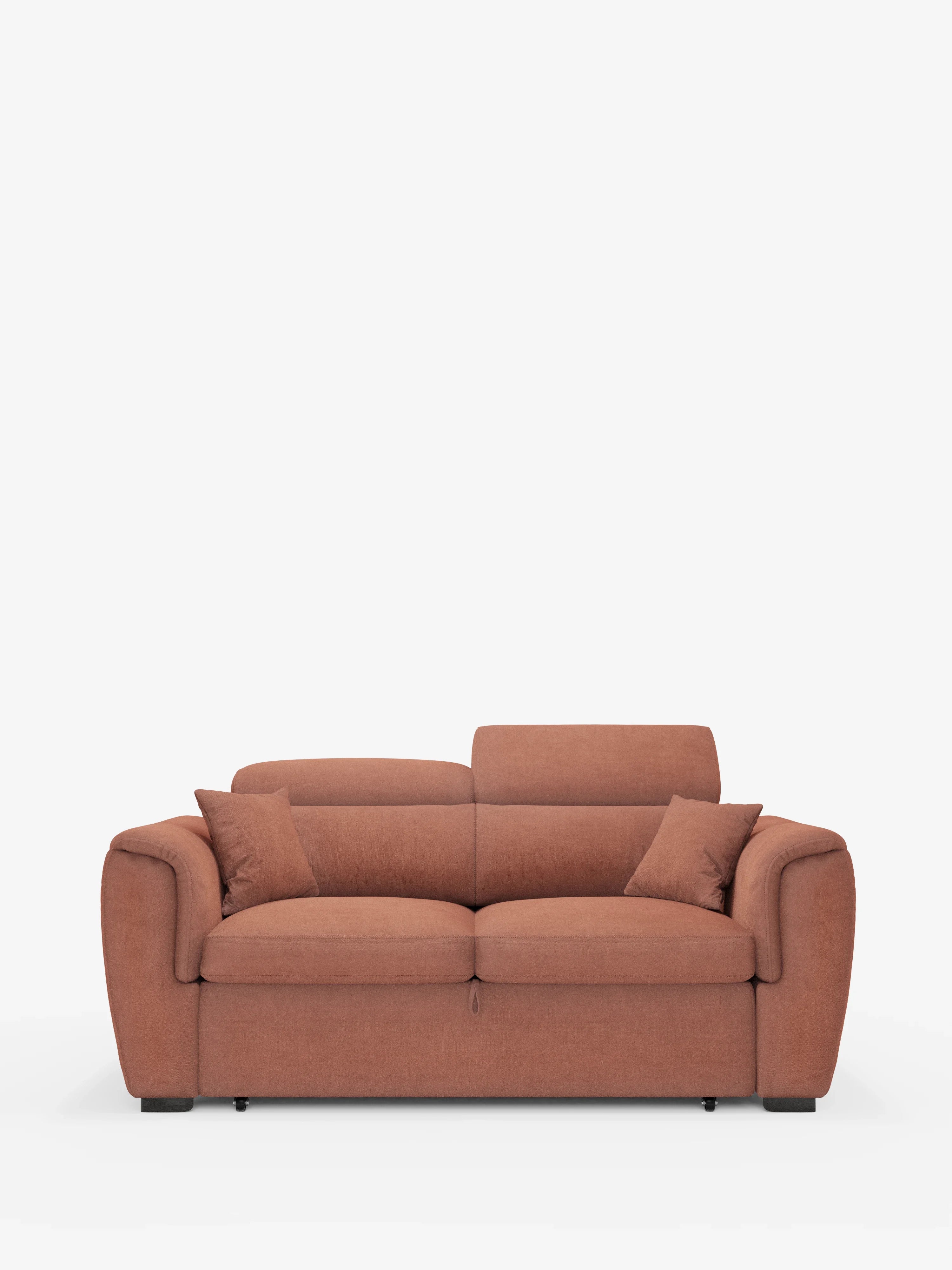 Un divano a due posti Titano color marrone, estraibile e dotato di poggiatesta reclinabili in tessuto smacchiabile Oeko-Tex® di Divani.Store, con morbidi braccioli e due cuscini decorativi abbinati, è raffigurato su uno sfondo bianco a tinta unita, che ne esalta il design moderno e accogliente.