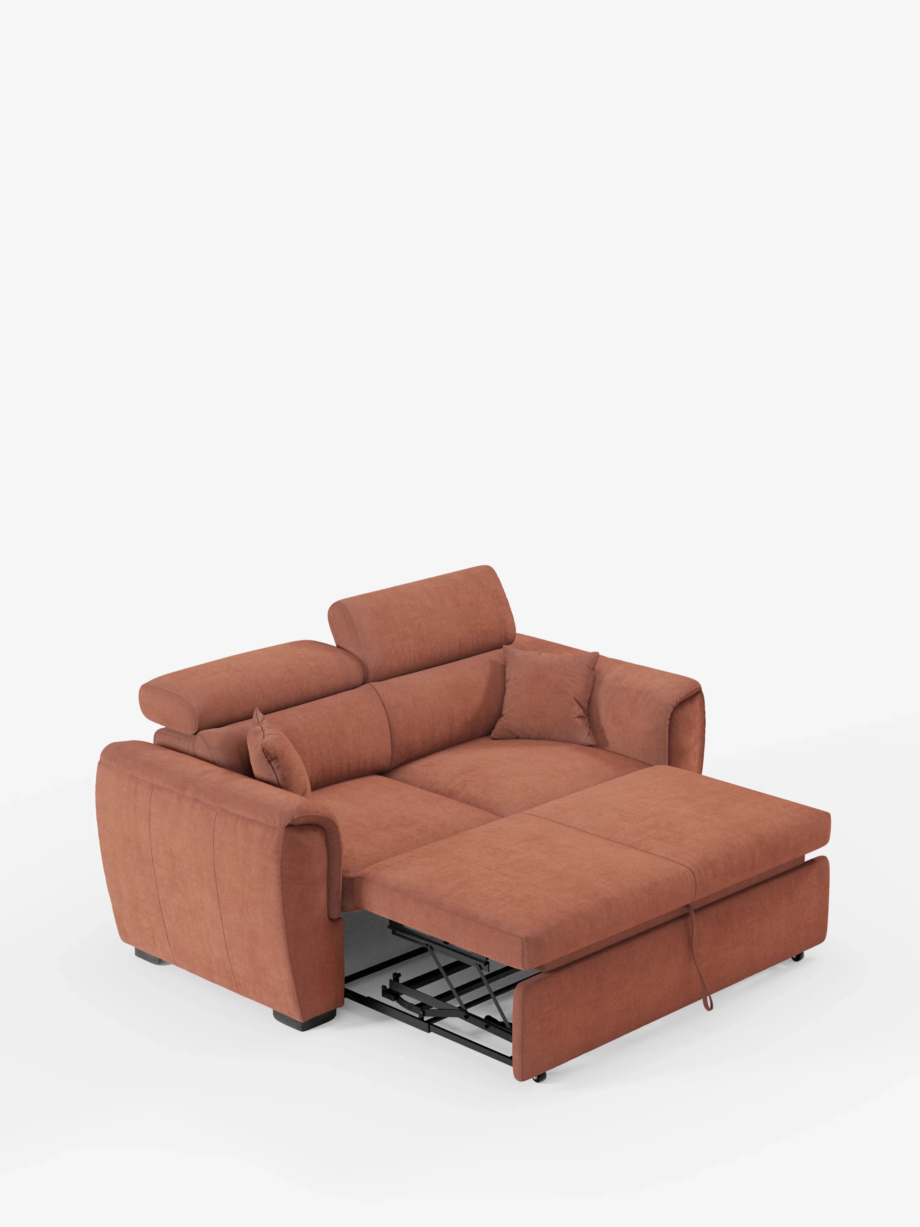 Un divano a due posti estraibile Titano color ruggine, con poggiatesta reclinabili in tessuto smacchiabile Oeko-Tex® di Divani.Store, caratterizzato da cuscini e braccioli spessi, è raffigurato in posizione estesa con il materasso estratto e disteso, che lascia intravedere la struttura di supporto in metallo nero sottostante su uno sfondo bianco a tinta unita.