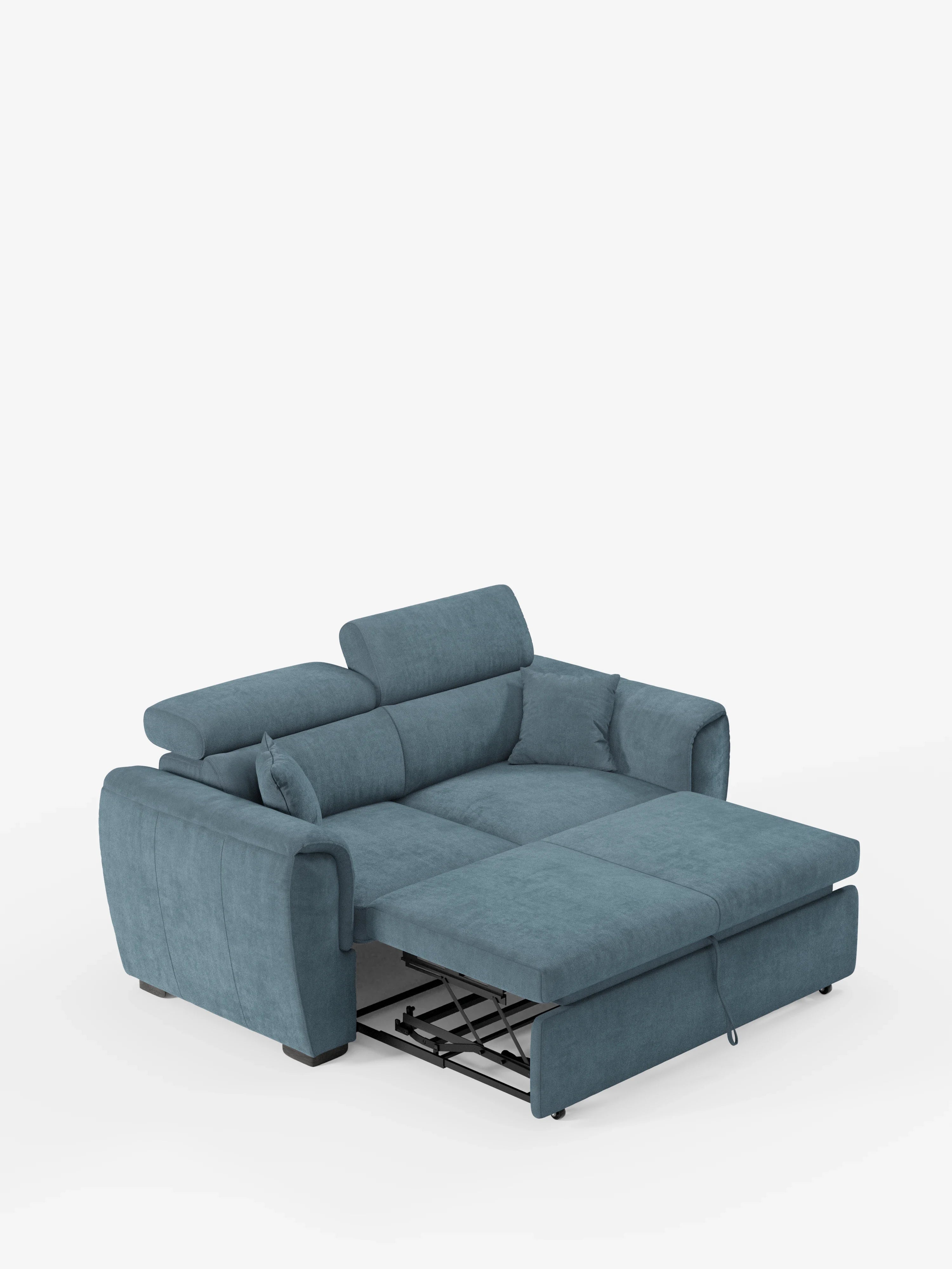 Il divano a 2 posti estraibile Titano con poggiatesta reclinabili in tessuto smacchiabile Oeko-Tex® di Divani.Il modello Store, caratterizzato da ampi braccioli e poggiatesta regolabili in tessuto color verde acqua, è raffigurato con il letto estraibile aperto, che rivela la rete metallica sottostante il materasso, in netto contrasto con lo sfondo bianco.