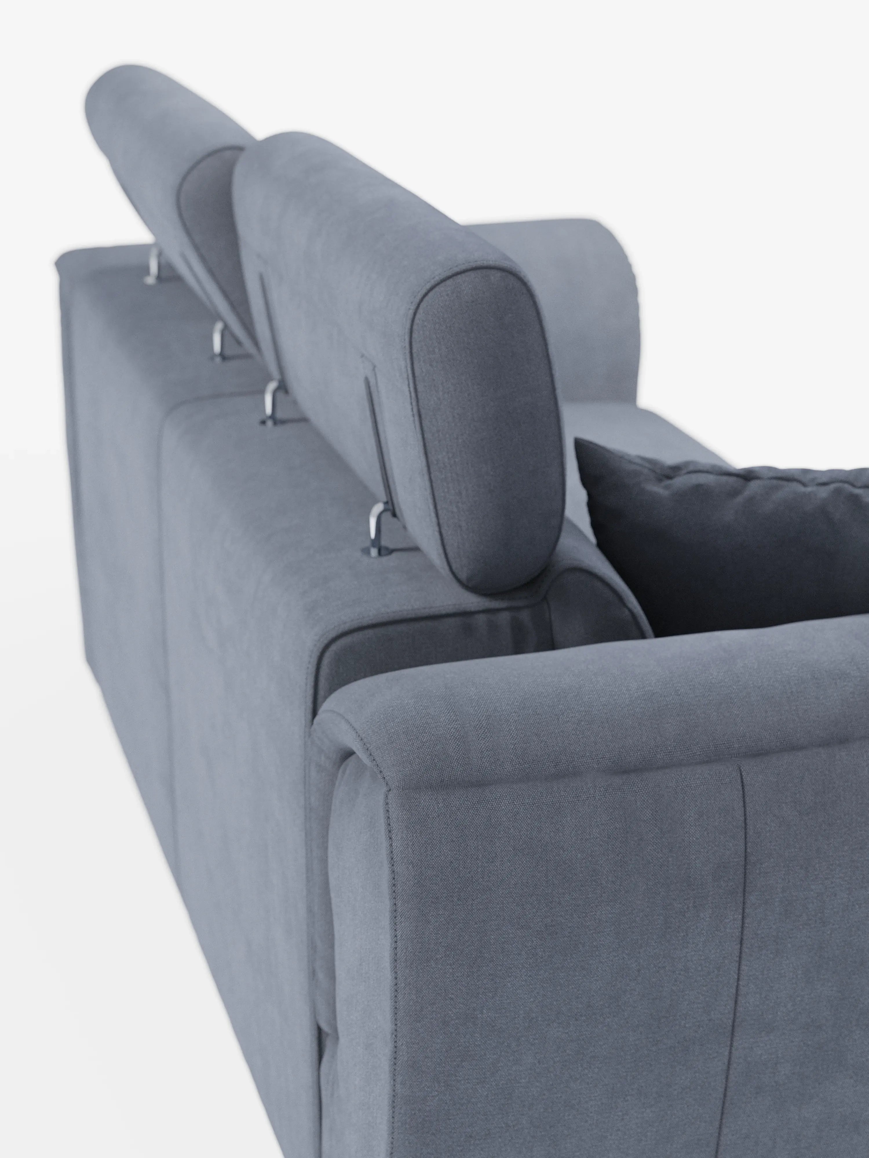 Il divano a 2 posti estraibile Titano di Divani.Store è un moderno divano nei toni del blu-grigio, qui presentato nella vista posteriore, dotato di poggiatesta reclinabili e morbidi cuscini. Questo modello compatto e contemporaneo offre un comfort versatile, mentre il suo rivestimento Oeko-Tex® antimacchia si presenta morbido e dalla consistenza liscia. Esposto su uno sfondo bianco a tinta unita, le linee pulite e il design elegante di questo articolo Divani.Store risultano ancora più valorizzati.