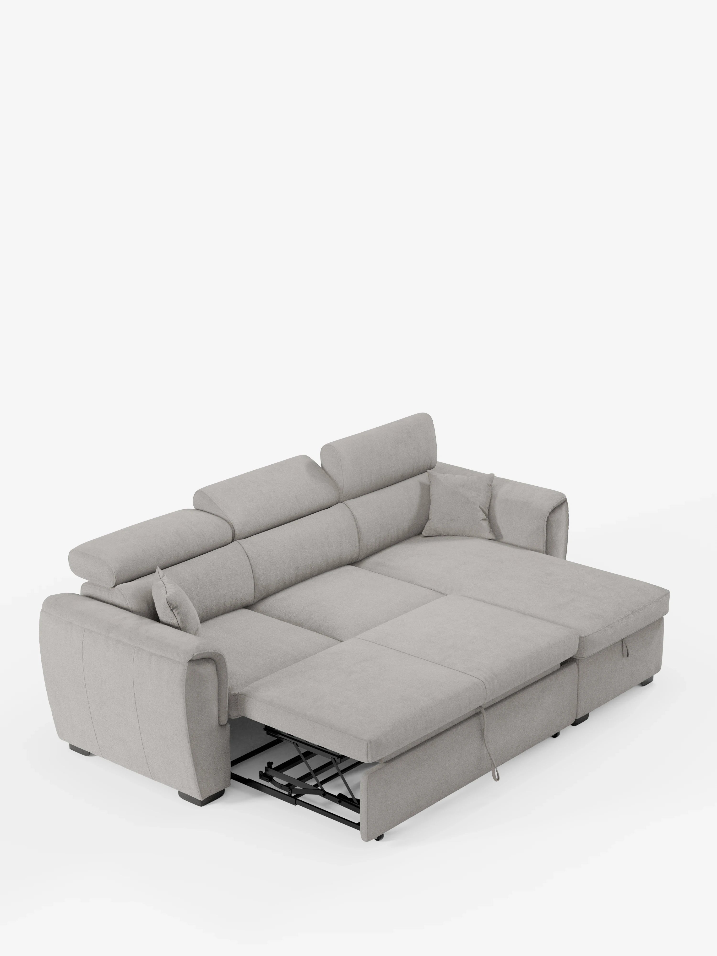 Titano divano letto con penisola reversibile contenitore, poggiatesta reclinabili ed elemento estraibile in tessuto smacchiabile