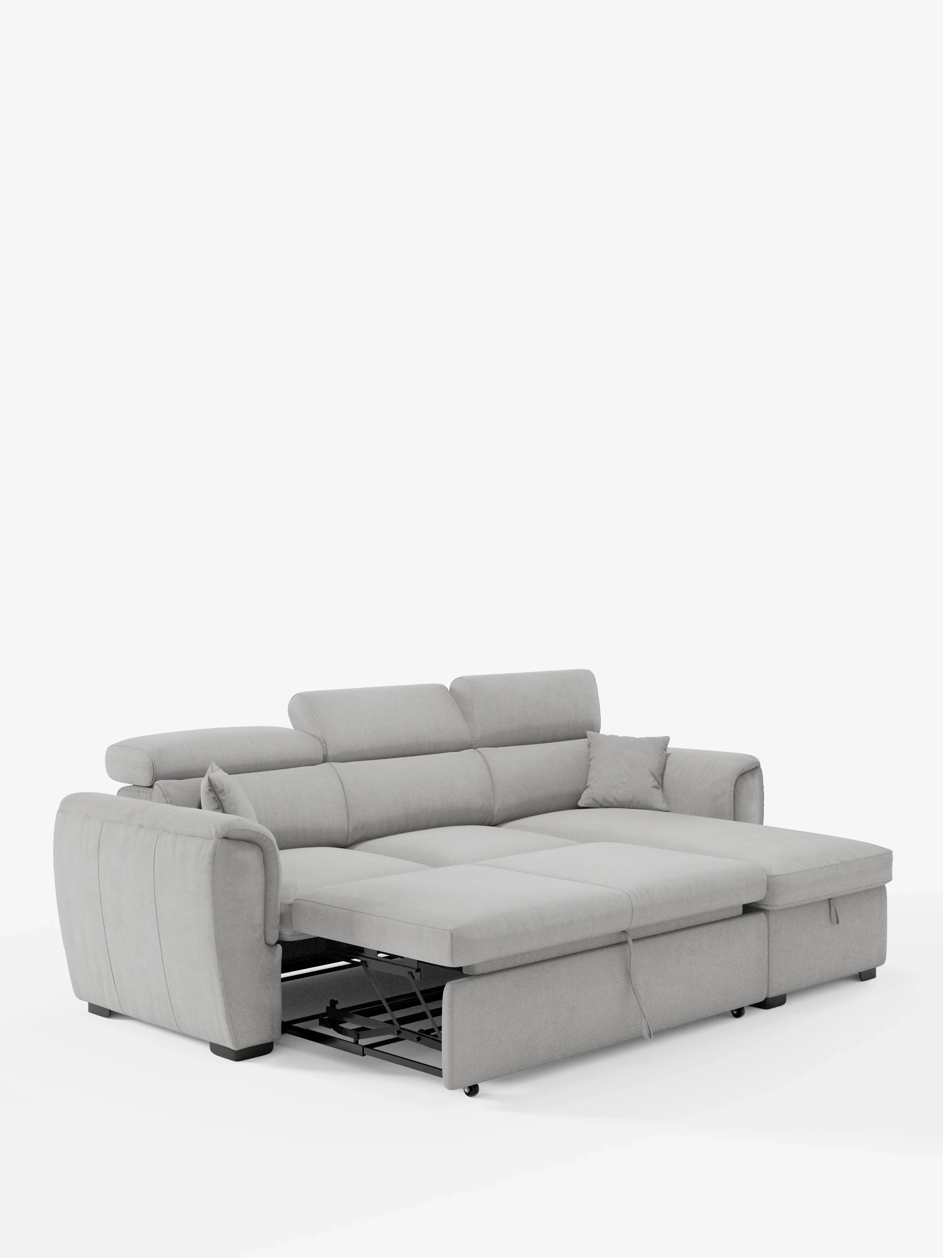 Il divano letto Titano con penisola reversibile e contenitore di Divani.Store è un moderno divano componibile grigio chiaro dotato di chaise longue reversibile, poggiatesta reclinabili e letto estraibile. Rivestito in tessuto antimacchia, questo divano dal design contemporaneo è dotato di cuscini quadrati coordinati e di un ampio vano contenitore, come si vede nella foto su sfondo bianco.