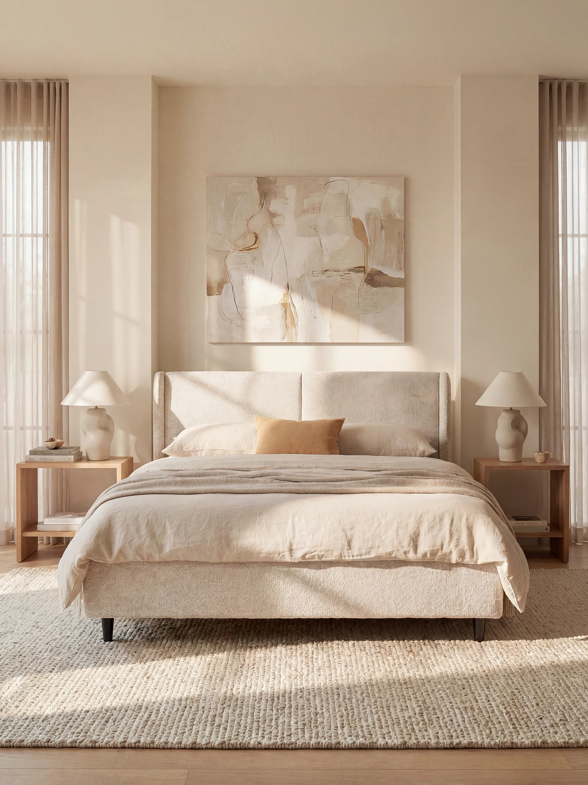 Una camera da letto moderna, dai toni del beige, inondata da una morbida luce solare. Al centro della stanza si trova il letto di design VALKIRIA con vano contenitore e testiera avvolgente – 2 cuscini imbottiti e tessuto Oeko-Tex® di Letti.store, rivestito con biancheria color crema. Ai lati, comodini in legno con lampade coordinate completano l’arredamento. Sopra la testiera spicca un’opera d’arte astratta. Tende leggere incorniciano le ampie finestre, mentre un tappeto intrecciato valorizza il pavimento