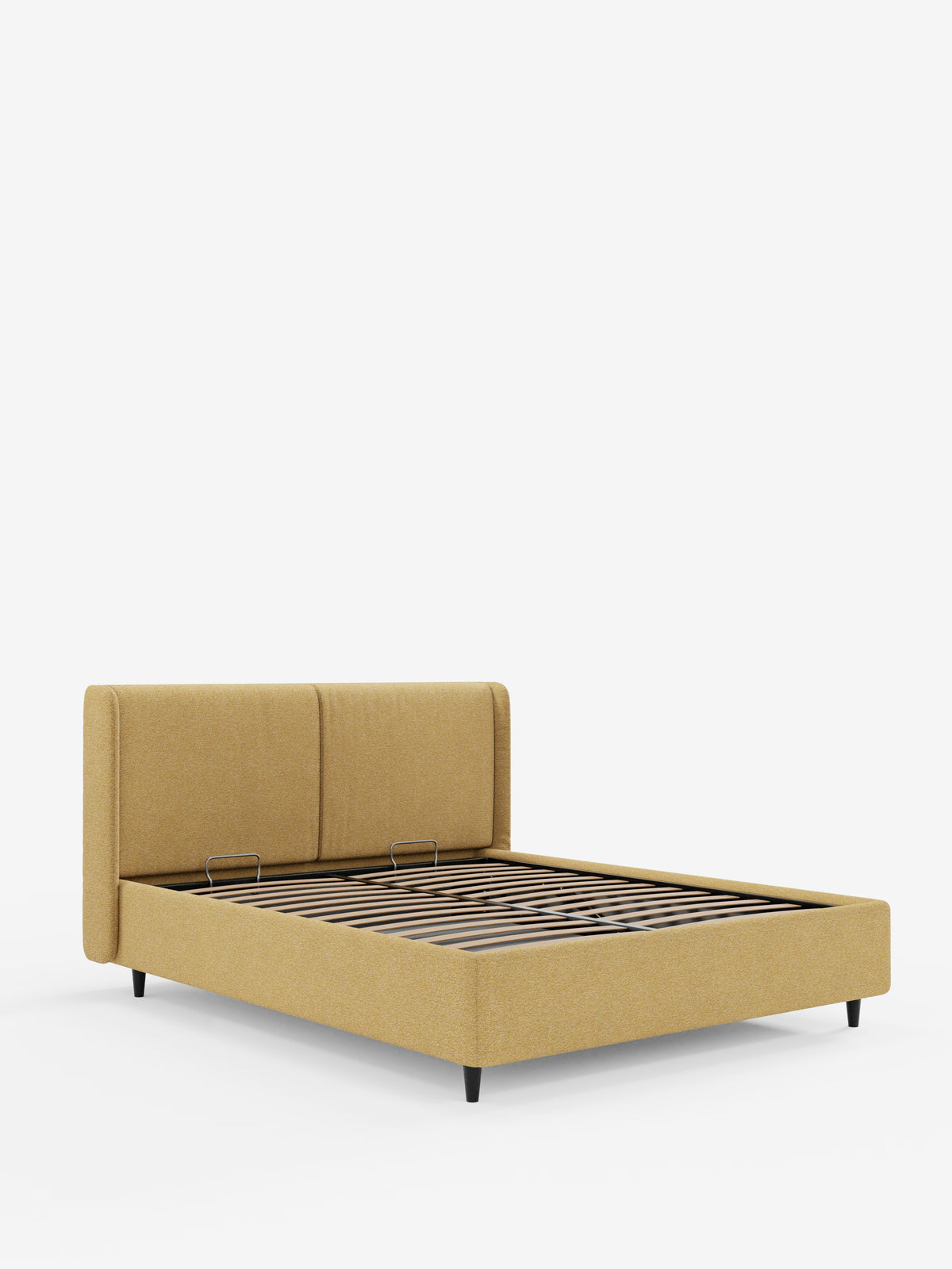 Vi presentiamo il letto di design VALKIRIA di Letti.store, una struttura letto imbottita in stile contemporaneo caratterizzata da una testiera avvolgente con due cuscini imbottiti in tessuto certificato Oeko-Tex®, un ampio vano contenitore, eleganti gambe nere e doghe in legno a vista per il sostegno del materasso — il tutto messo in risalto da uno sfondo bianco pulito.