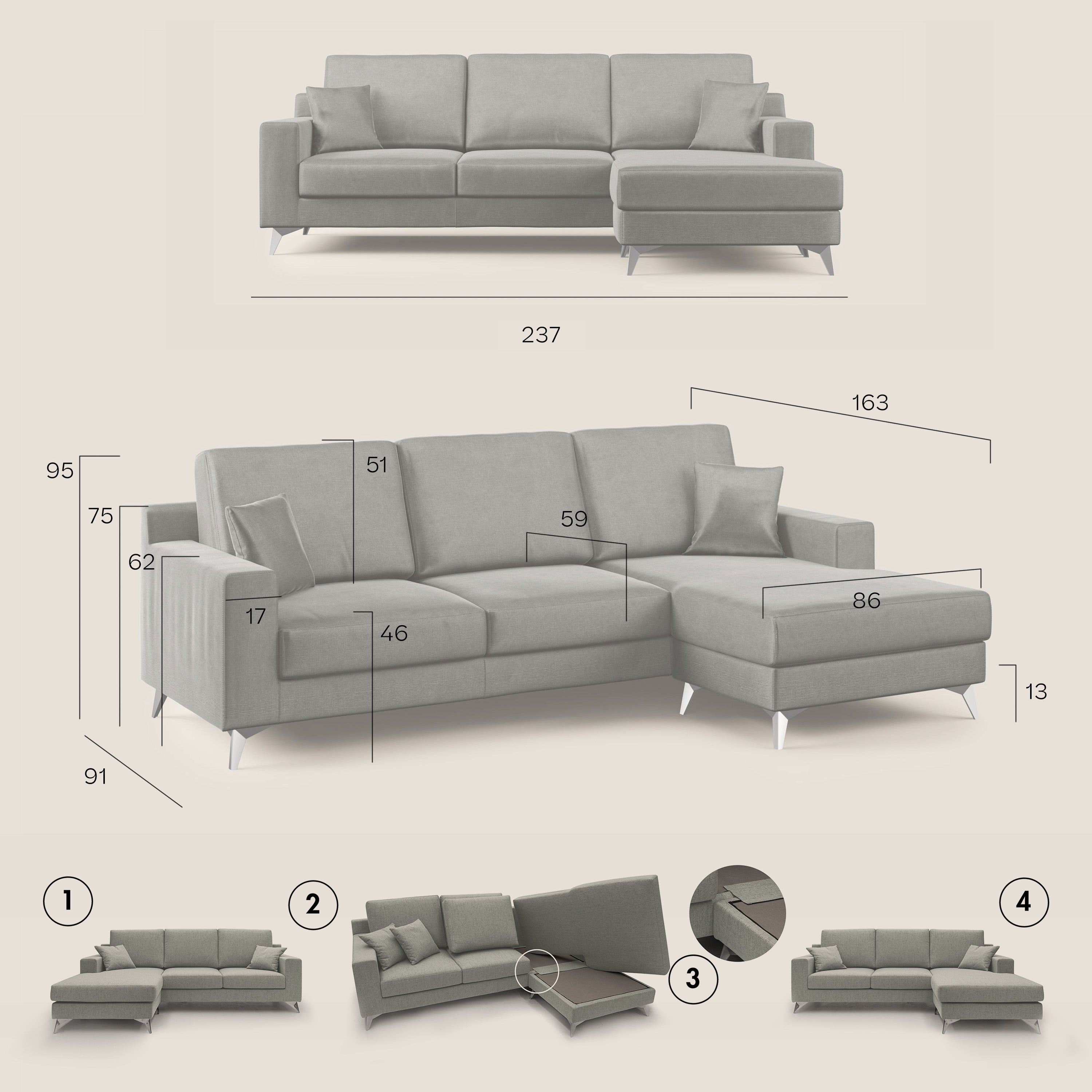 Michael Divano angolare REVERSIBILE in tessuto impermeabile T03 antracite - divani.store