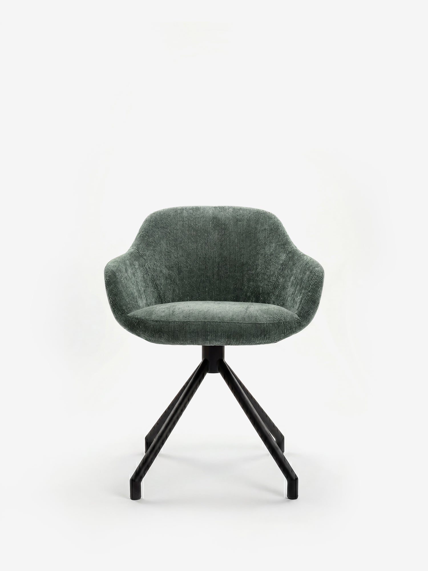 La sedia imbottita Vico di Divani.Store, realizzata in morbido tessuto soft-touch certificato OEKO-TEX®, presenta uno schienale e una seduta curvi con gambe in metallo nero che si diramano in diagonale, incarnando il design contemporaneo e risaltando su uno sfondo bianco a tinta unita.