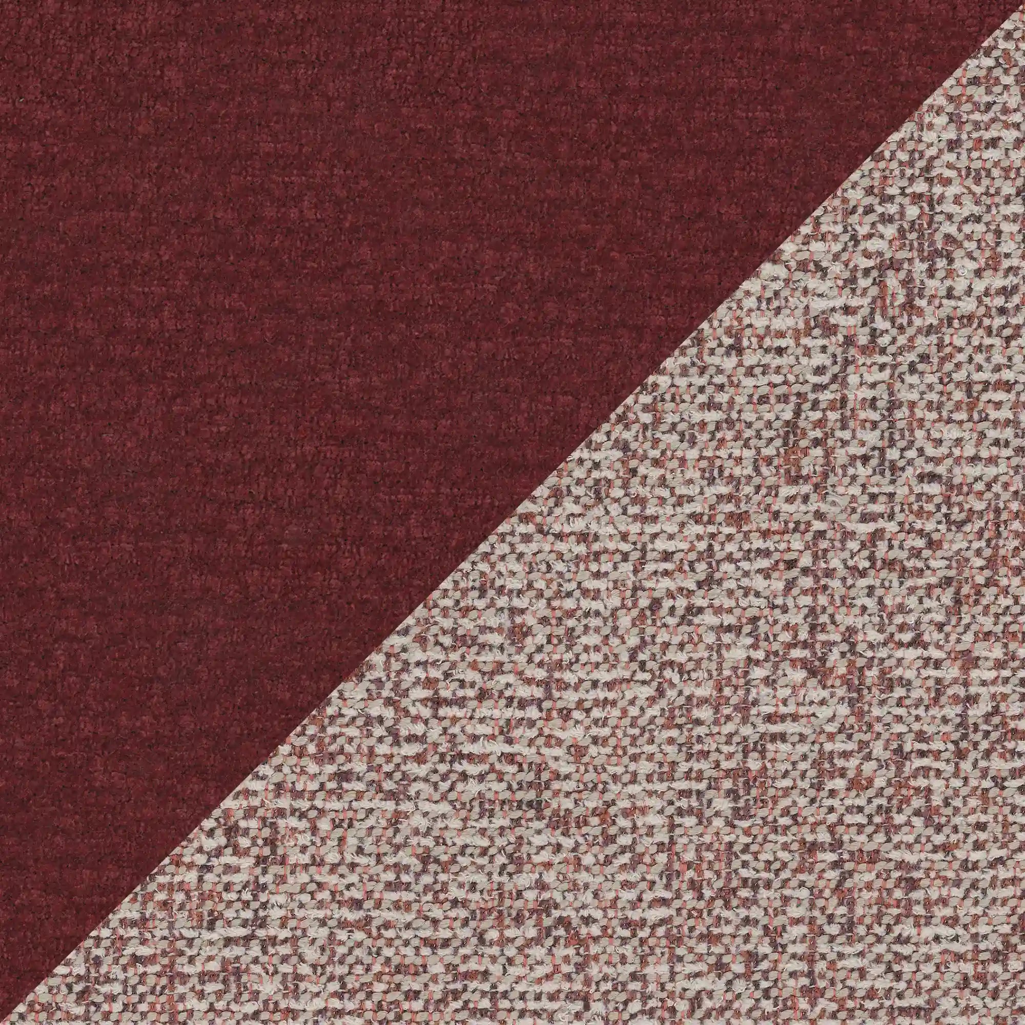 Una superficie divisa in diagonale riprende i contrasti decisi del design italiano, con il bordeaux a tinta unita in alto a sinistra e il bordeaux screziato, il grigio e il beige in basso a destra — richiamando il letto imbottito bicolore con contenitore VALKIRIA di Letti.store.