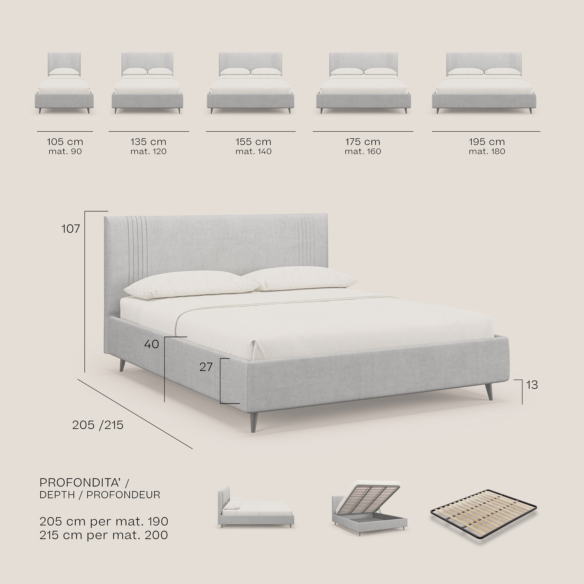 Yvonne letto contenitore in morbido tessuto impermeabile T02 panna - divani.store