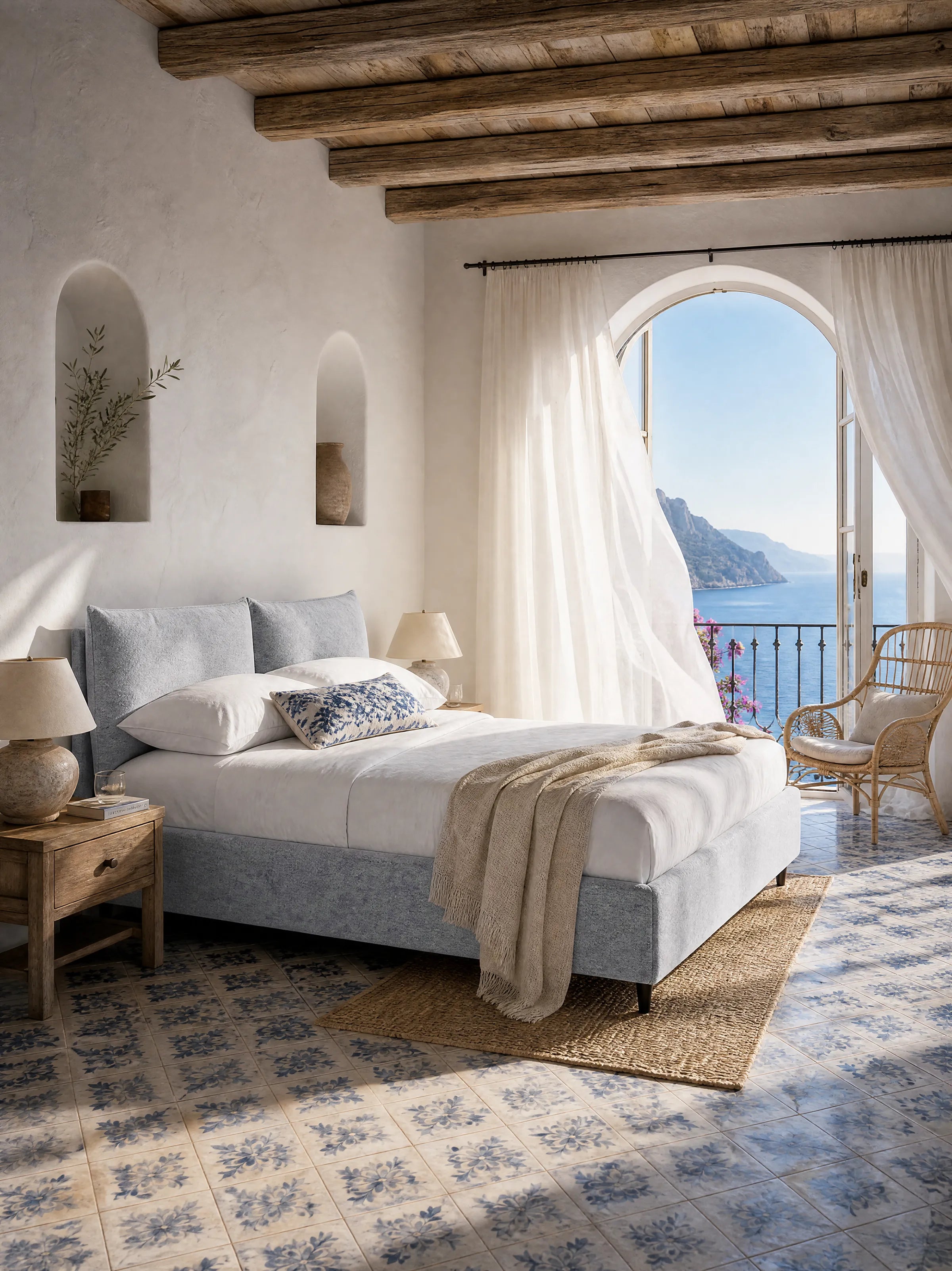 Luminosa camera da letto con travi rustiche in legno, pareti bianche, una finestra ad arco adornata da tende trasparenti, vista sul mare e sulle montagne, un letto imbottito ZAYRON con contenitore e morbidi cuscini regolabili di Letti.negozio — design moderno in tessuto certificato Oeko-Tex® — letto matrimoniale con copriletto imbottito, comodini in legno con lampade, poltrona in vimini e pavimento piastrellato con motivi blu.