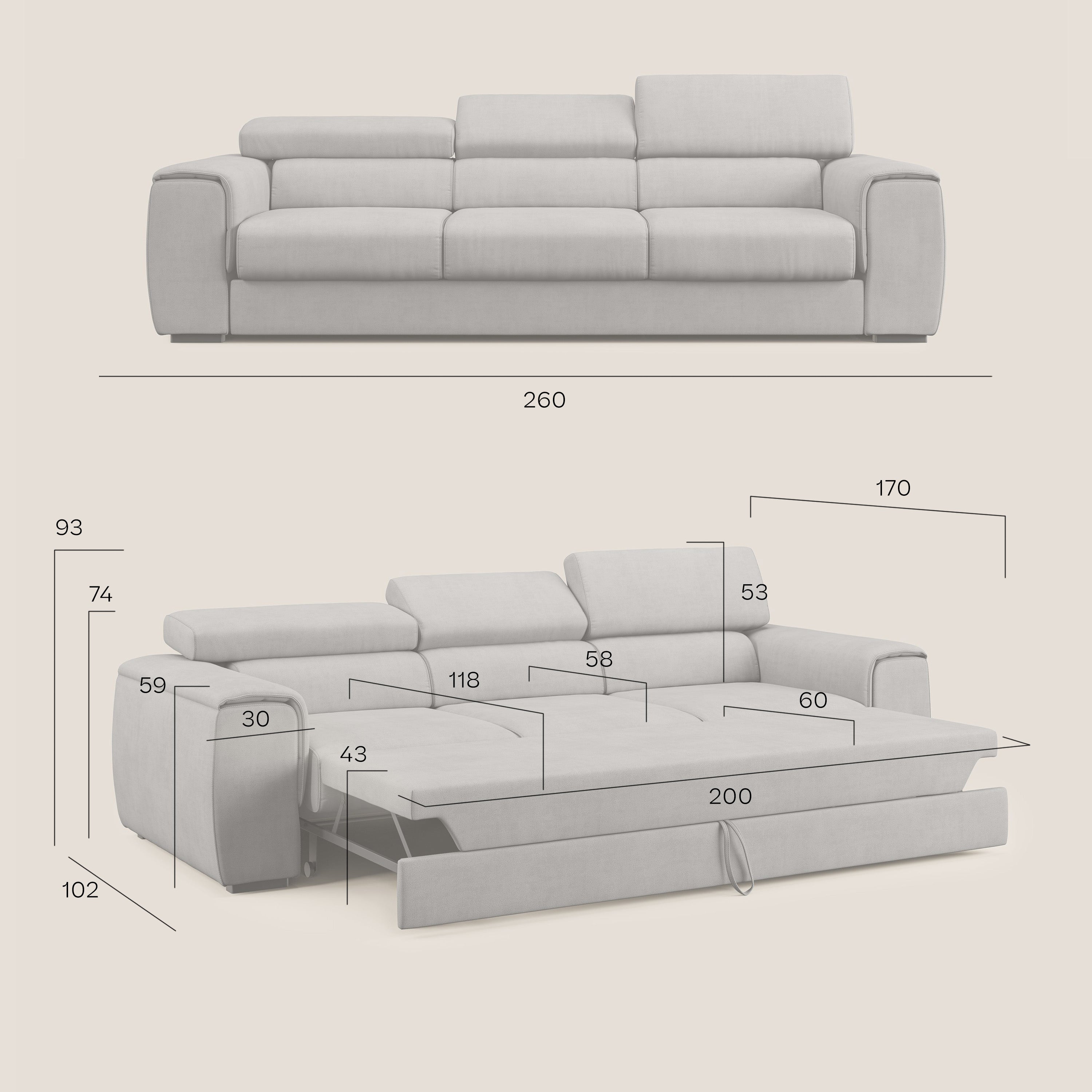 Zeno Divano con pouf estraibile poggiapiedi a 3 sedute in tessuto morbido impermeabile T02 panna - divani.store