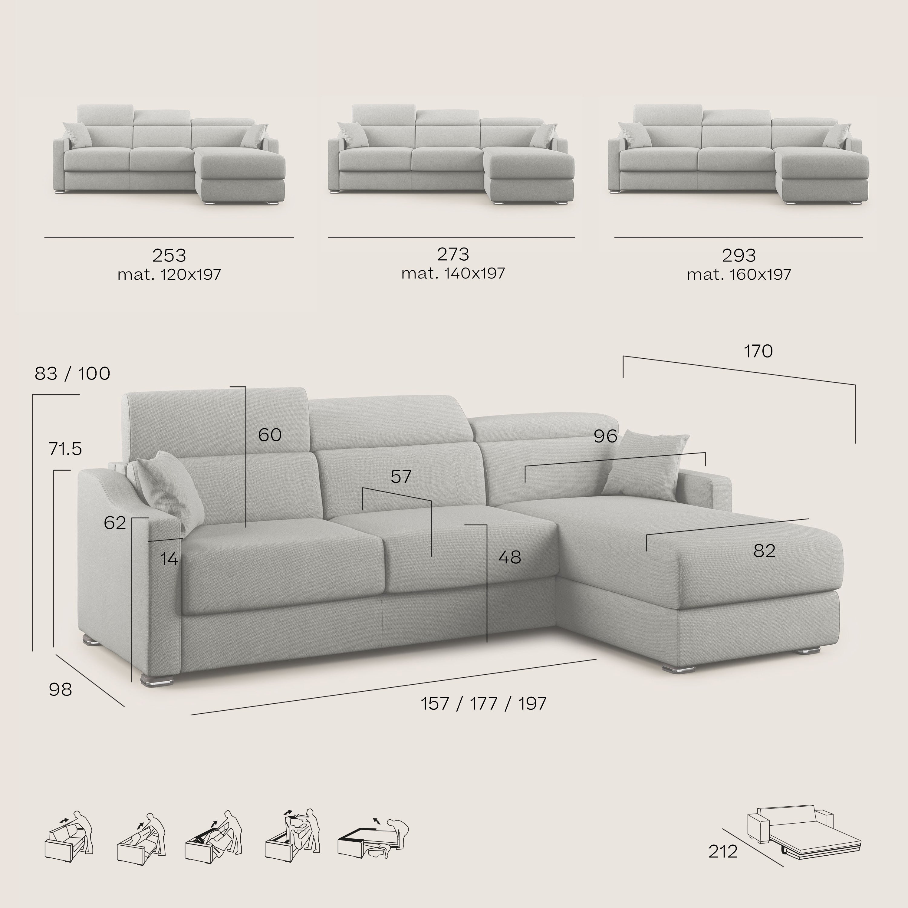 Amber divano letto angolare in tessuto smacchiabile T05 antracite - divani.store
