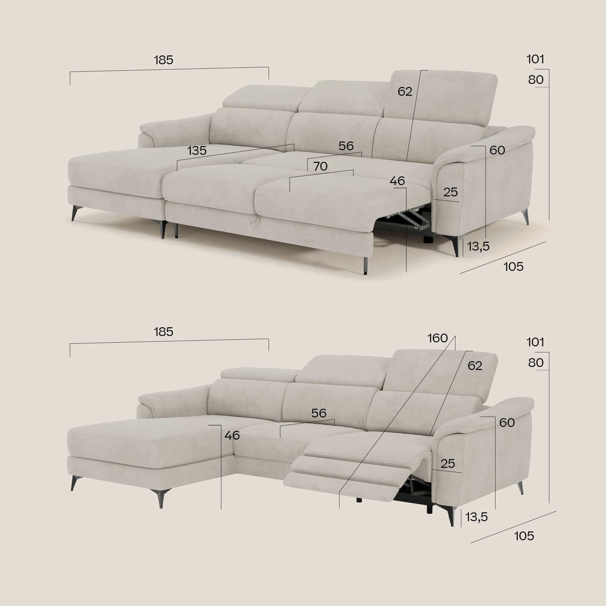 Arcos Sofa mit Halbinsel – hohe Füße und verstellbare Kopfstützen aus wasserfester Mikrofaser T11 creme