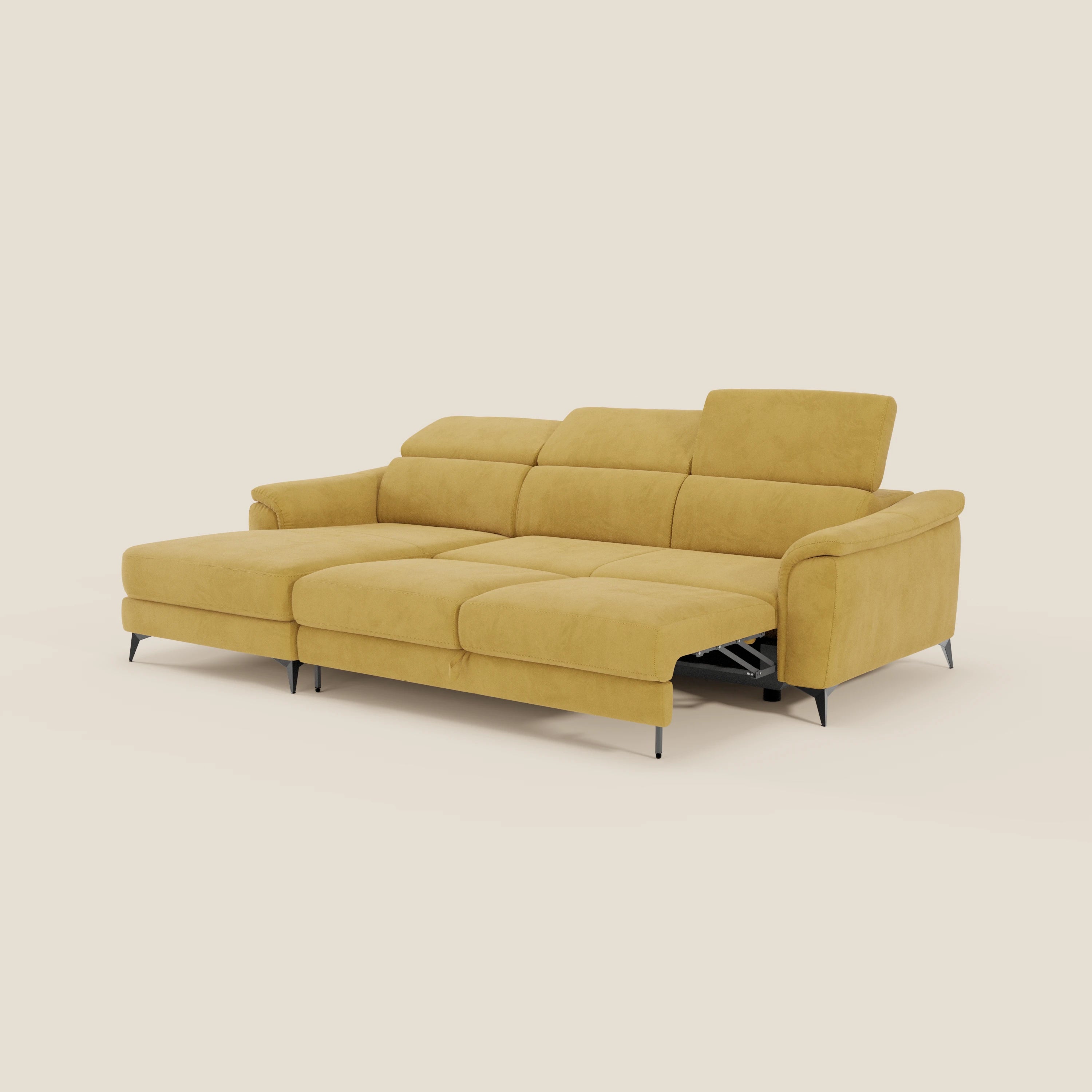 Arcos Sofa mit Halbinsel – hohe Füße und verstellbare Kopfstützen aus wasserfester Mikrofaser T11 gelb