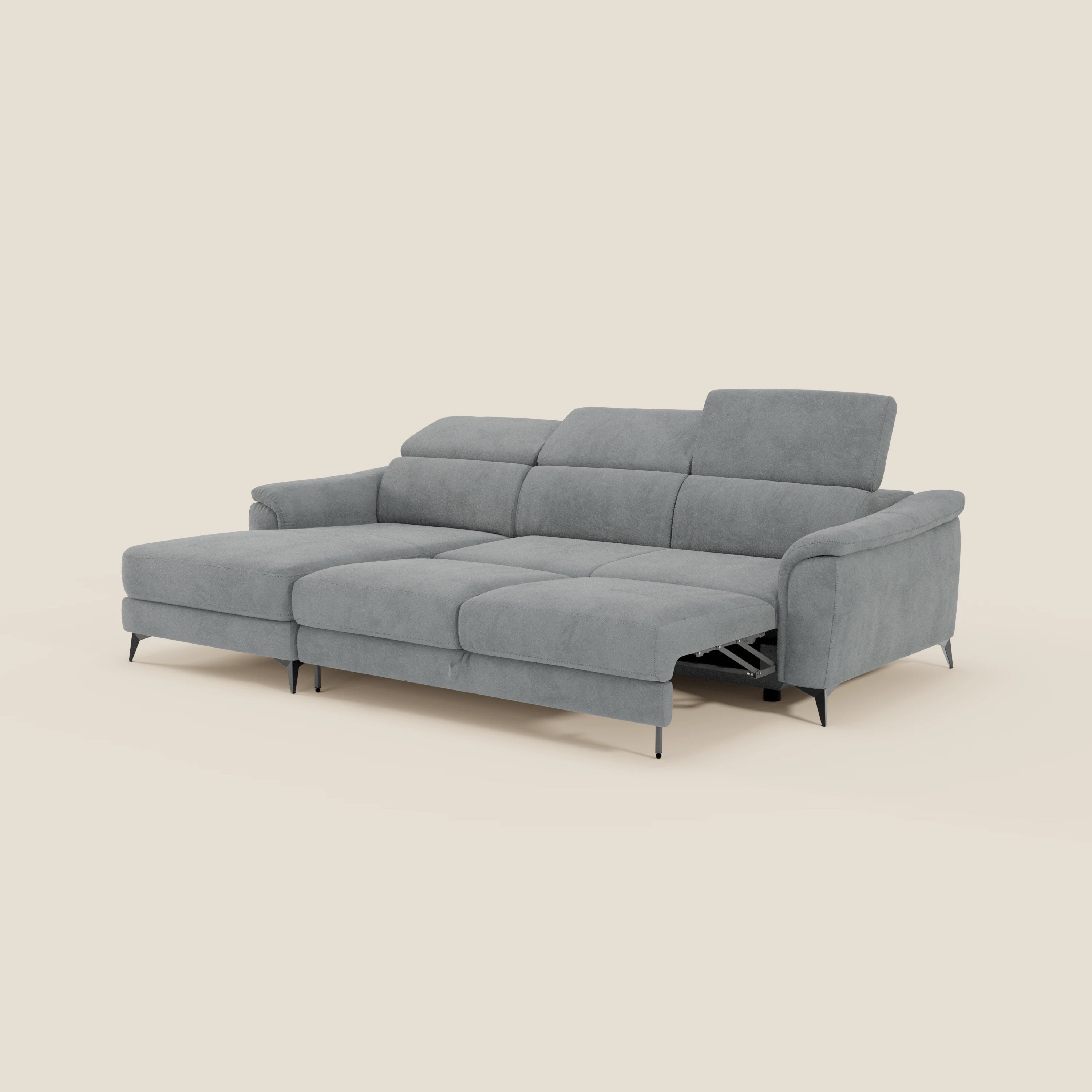 Arcos Sofa mit Halbinsel – hohe Füße und verstellbare Kopfstützen aus wasserfester Mikrofaser T11 grau