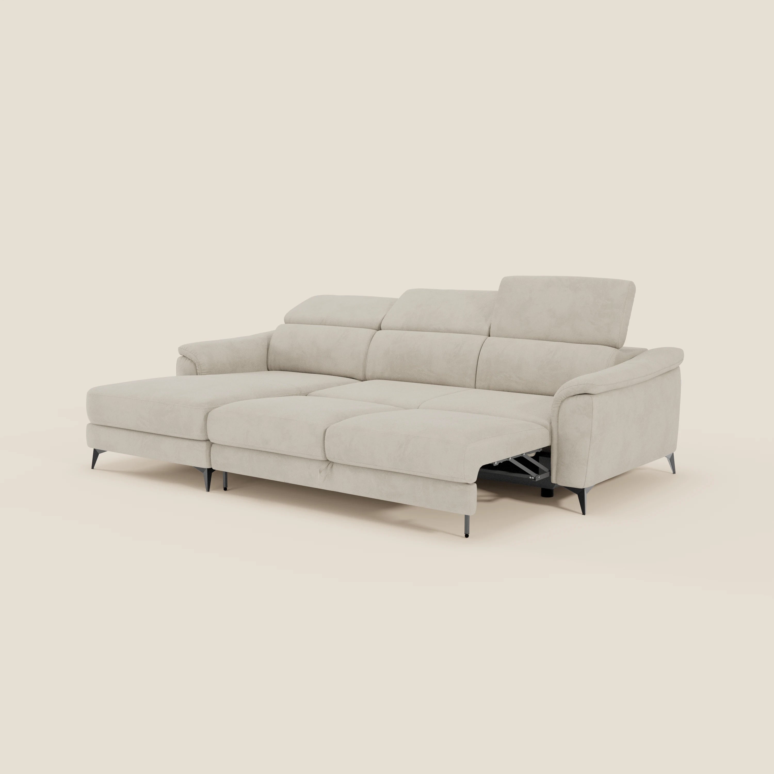 Arcos Sofa mit Halbinsel – hohe Füße und verstellbare Kopfstützen aus wasserfester Mikrofaser T11 creme