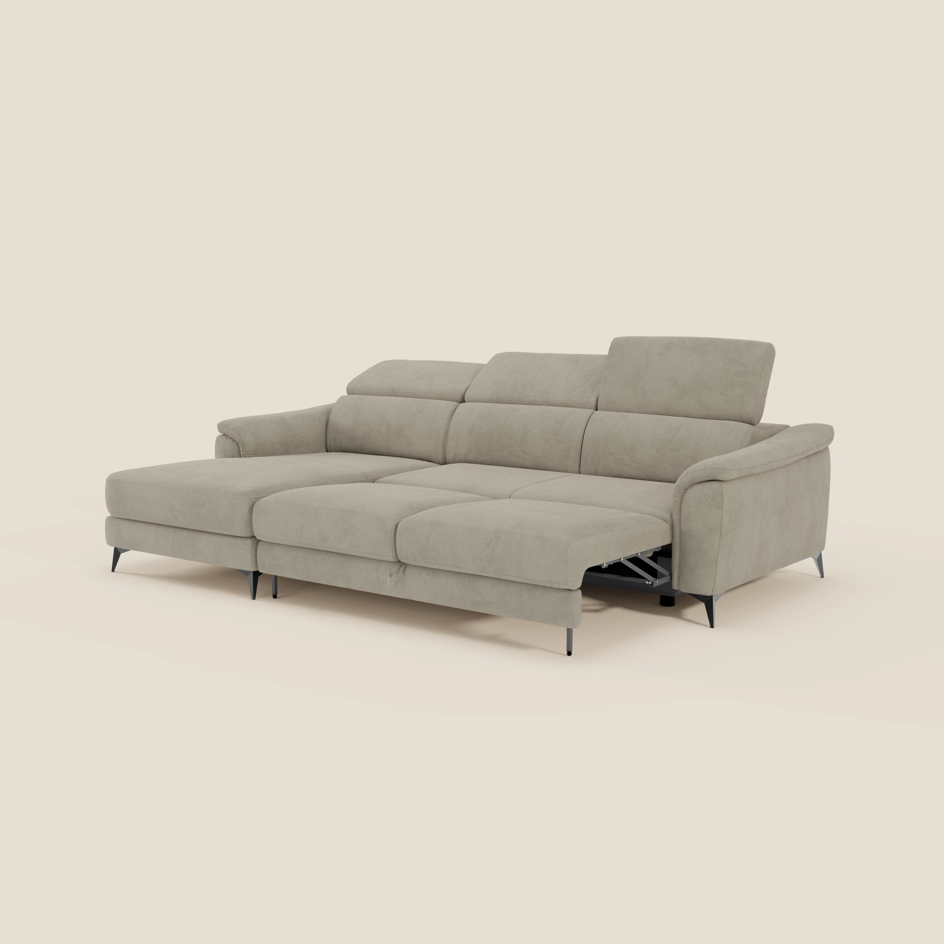 Arcos Sofa mit Halbinsel – hohe Füße und verstellbare Kopfstützen aus wasserfester Mikrofaser T11 graubeige