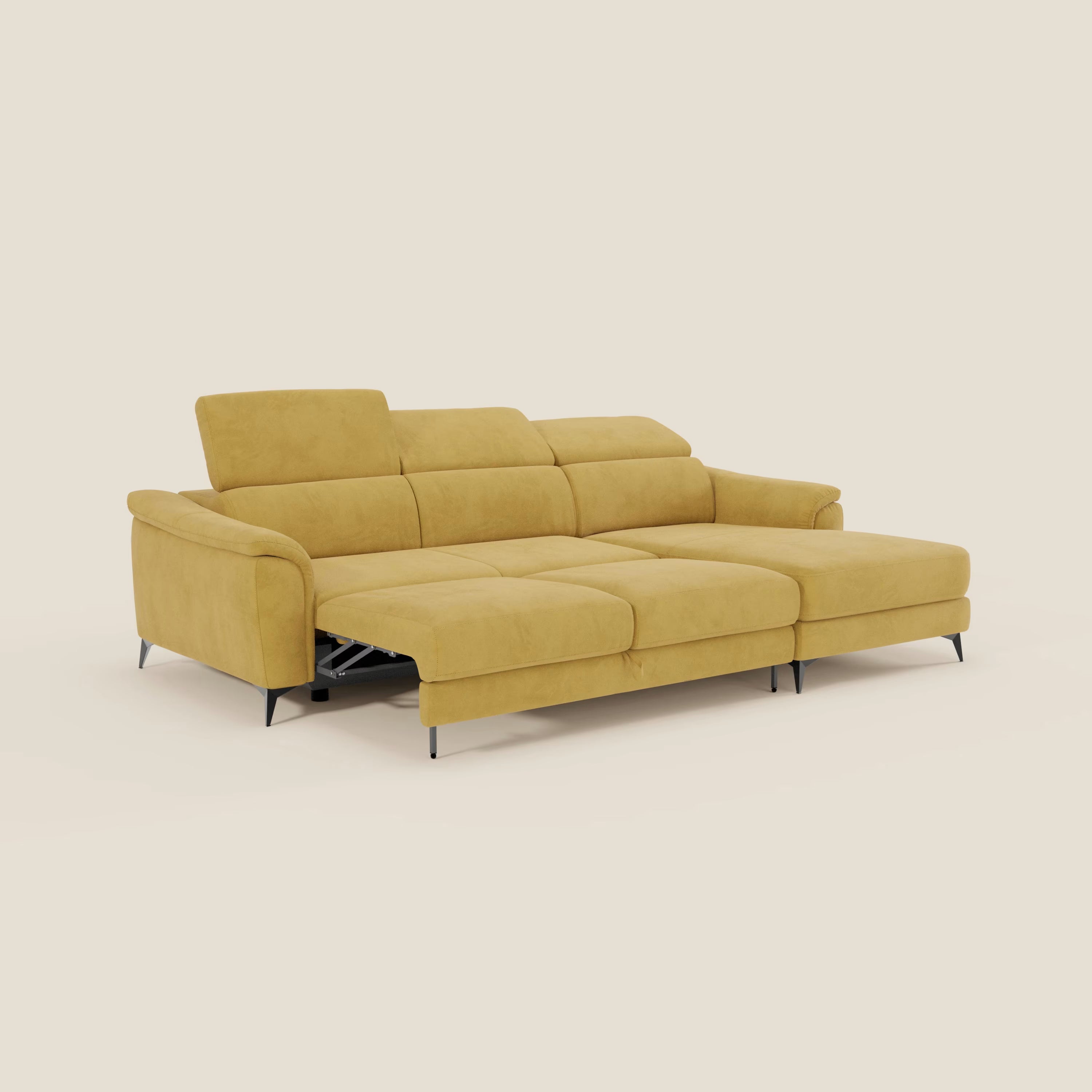 Arcos Sofa mit Halbinsel – hohe Füße und verstellbare Kopfstützen aus wasserfester Mikrofaser T11 gelb