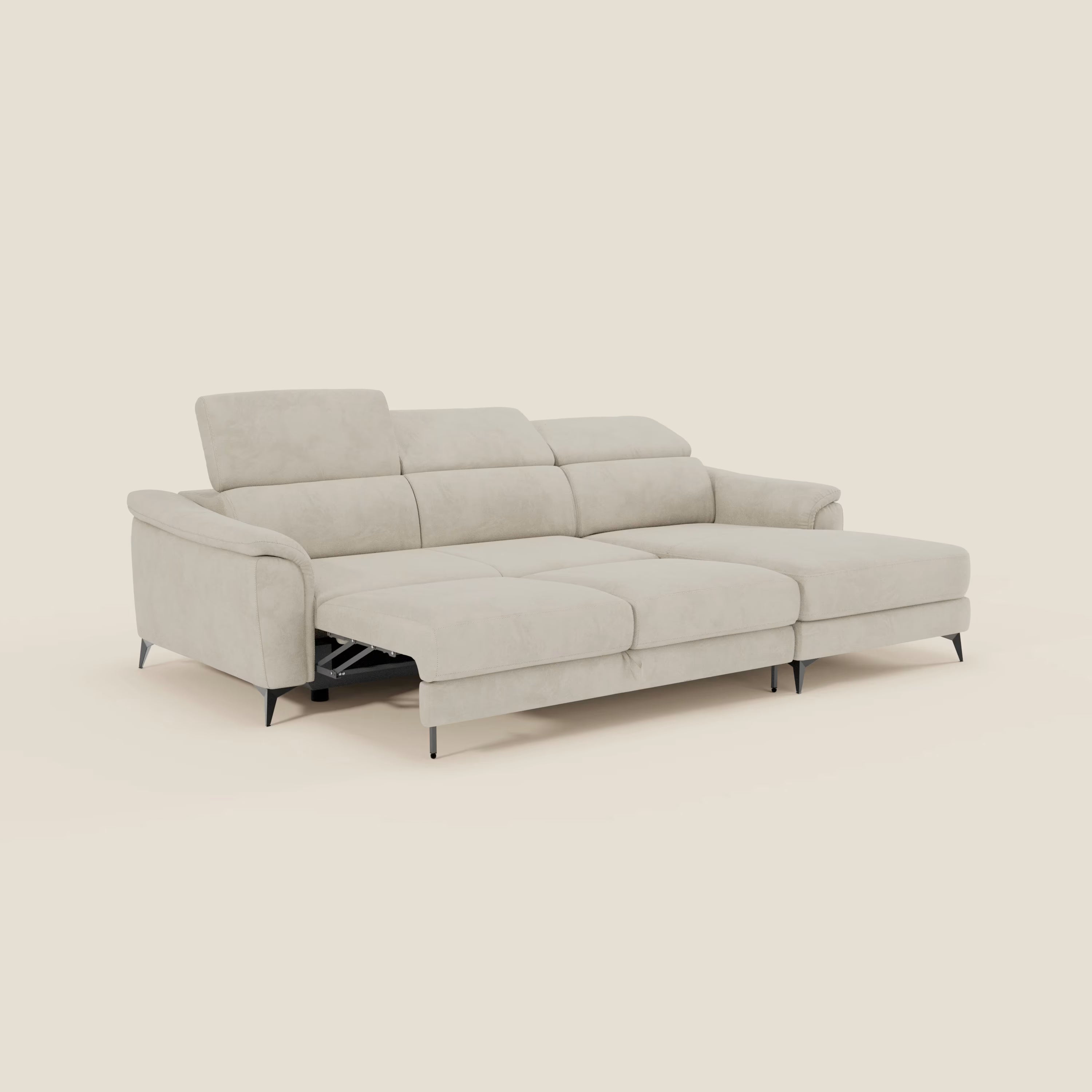 Arcos Sofa mit Halbinsel – hohe Füße und verstellbare Kopfstützen aus wasserfester Mikrofaser T11 creme