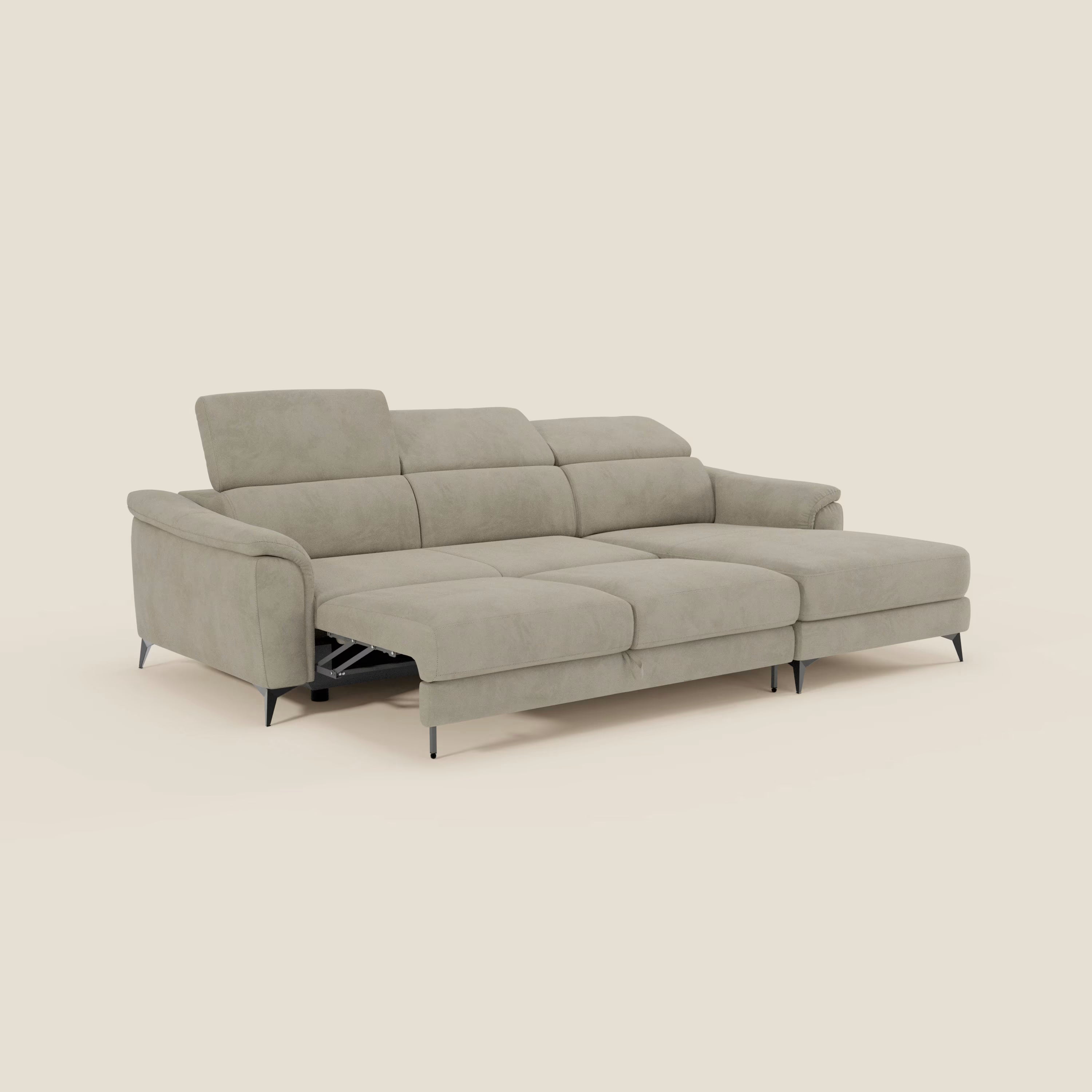 Arcos Sofa mit Halbinsel – hohe Füße und verstellbare Kopfstützen aus wasserfester Mikrofaser T11 graubeige