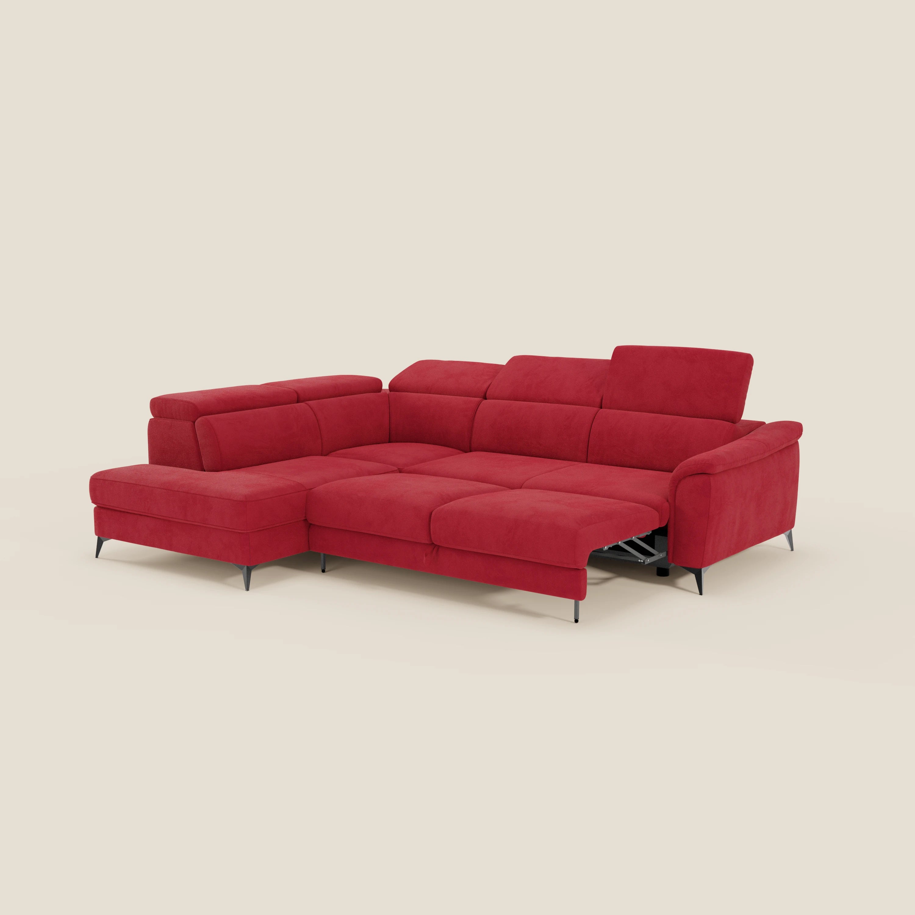 Arcos Divano angolare - piedini alti e poggiatesta reclinabili in microfibra impermeabile T11 rosso - divani.store