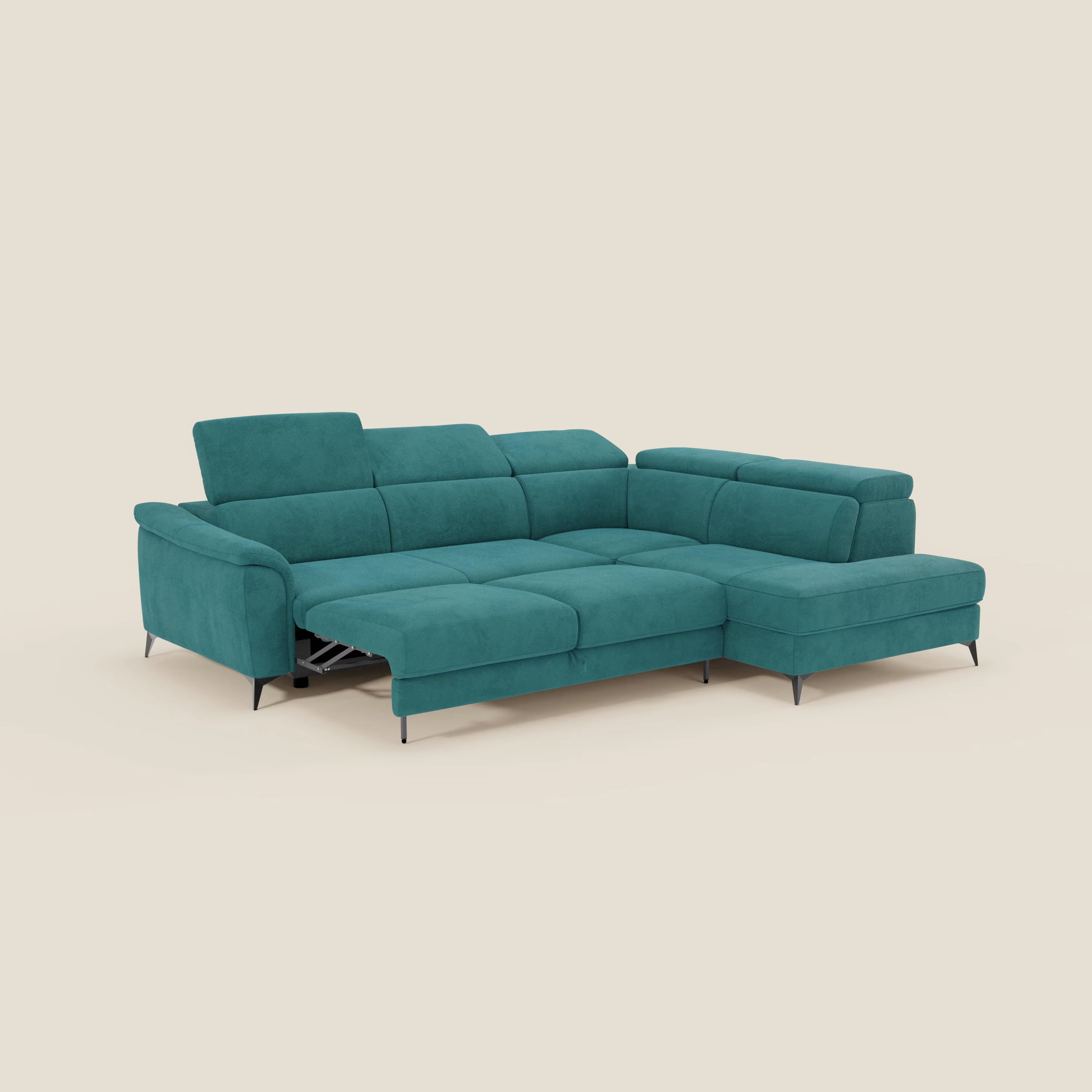 Arcos Ecksofa – hohe Füße und verstellbare Kopfstützen aus wasserfester Mikrofaser T11 petrol