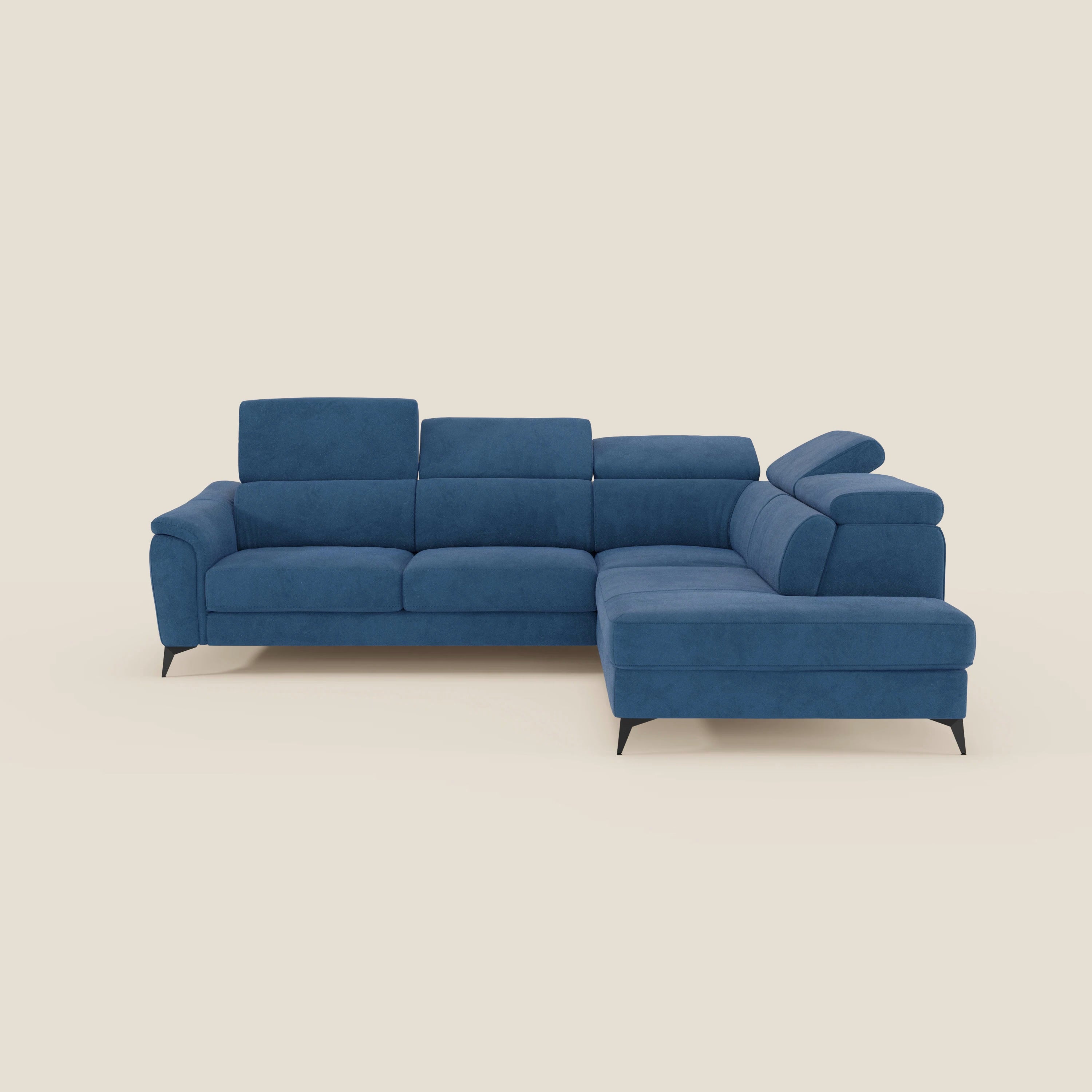 Arcos Ecksofa – hohe Füße und verstellbare Kopfstützen aus wasserfester Mikrofaser T11 blau