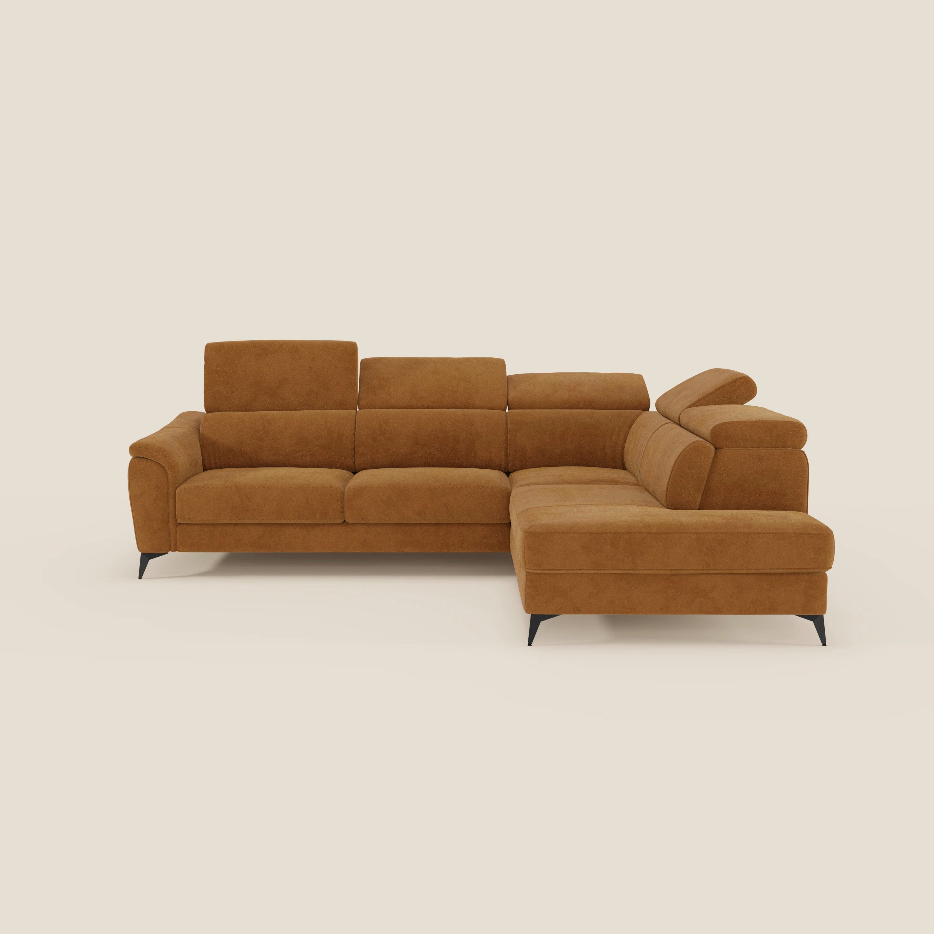 Arcos Ecksofa – hohe Füße und verstellbare Kopfstützen aus wasserfester Mikrofaser T11 lederfarben