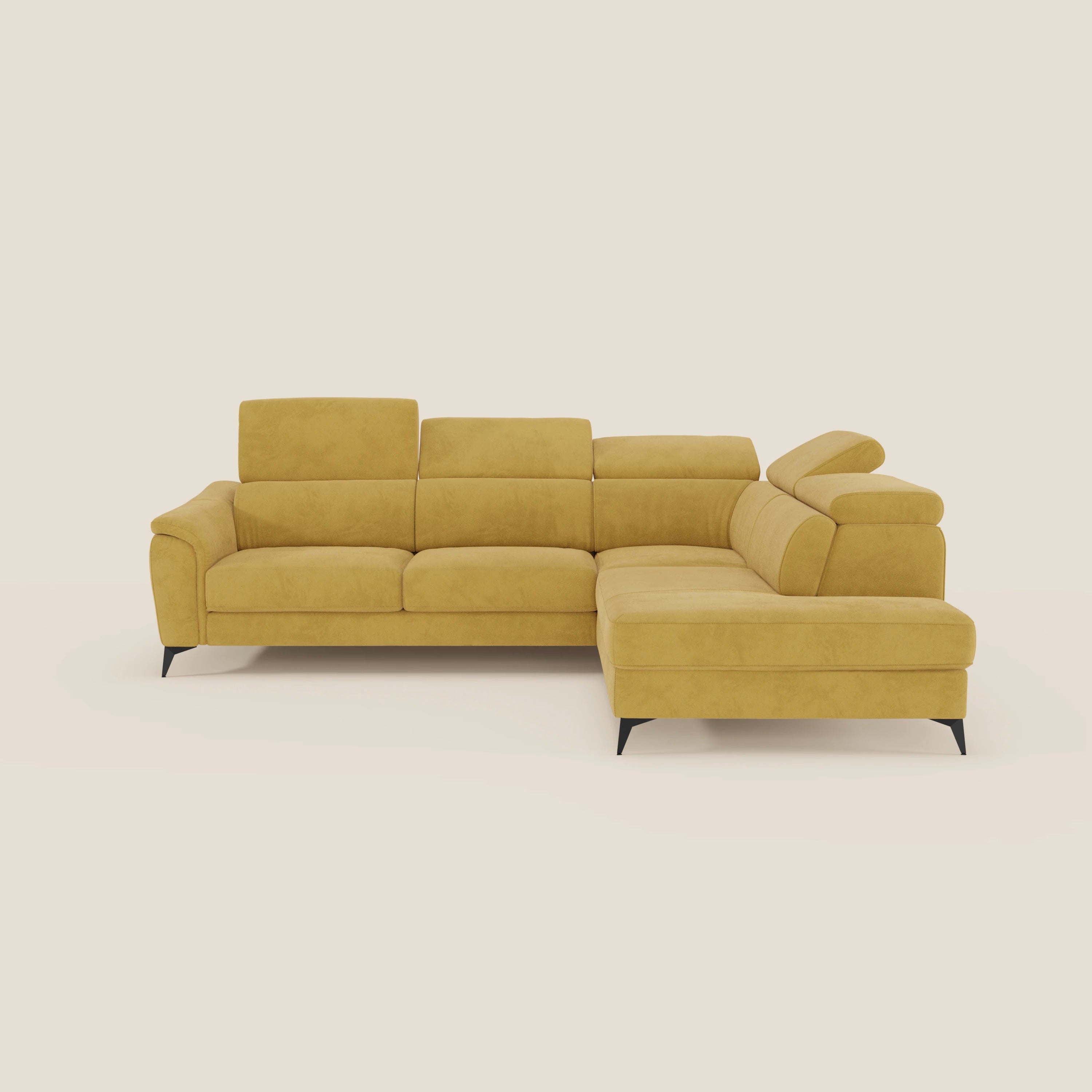 Arcos Ecksofa – hohe Füße und verstellbare Kopfstützen aus wasserfester Mikrofaser T11 gelb
