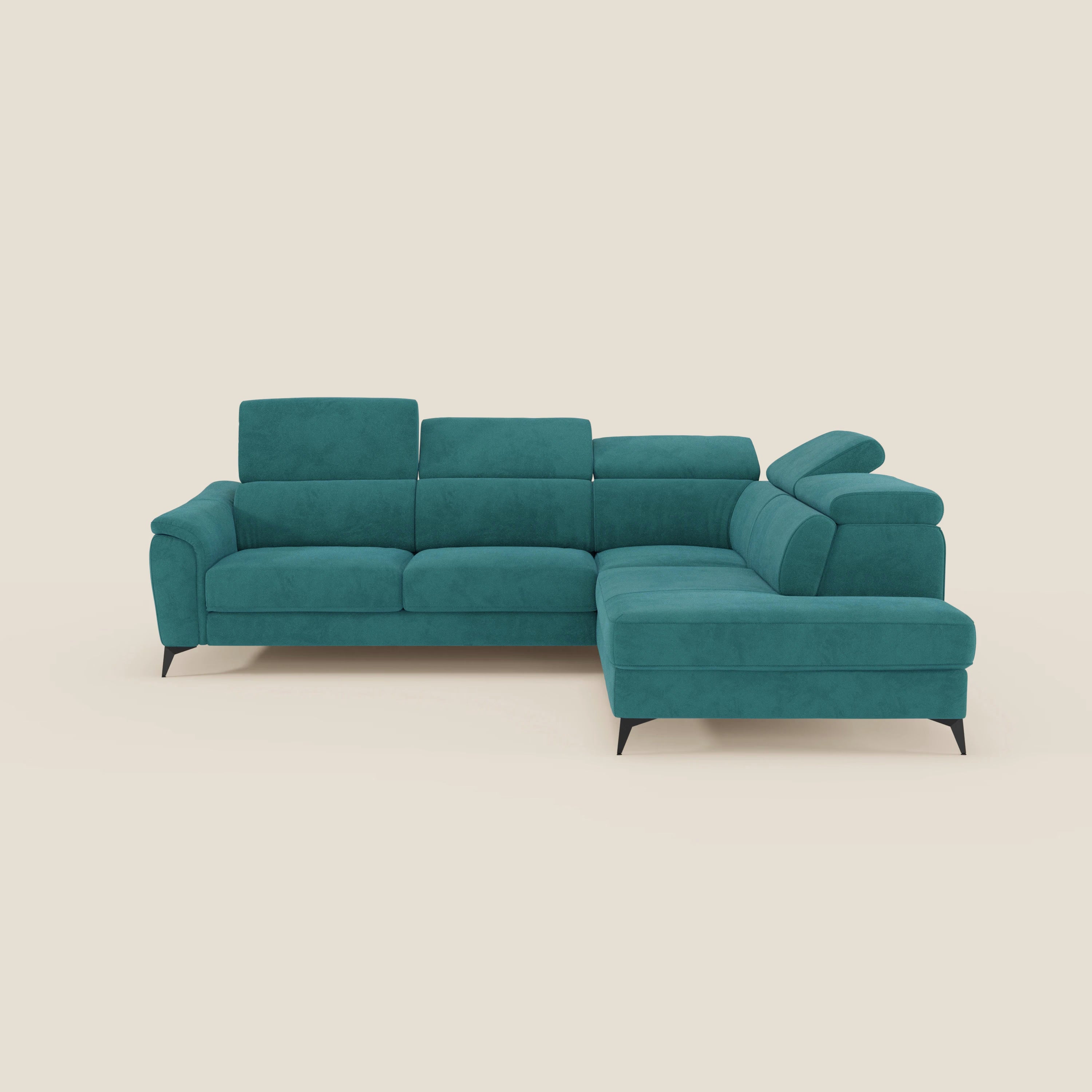 Arcos Ecksofa – hohe Füße und verstellbare Kopfstützen aus wasserfester Mikrofaser T11 petrol