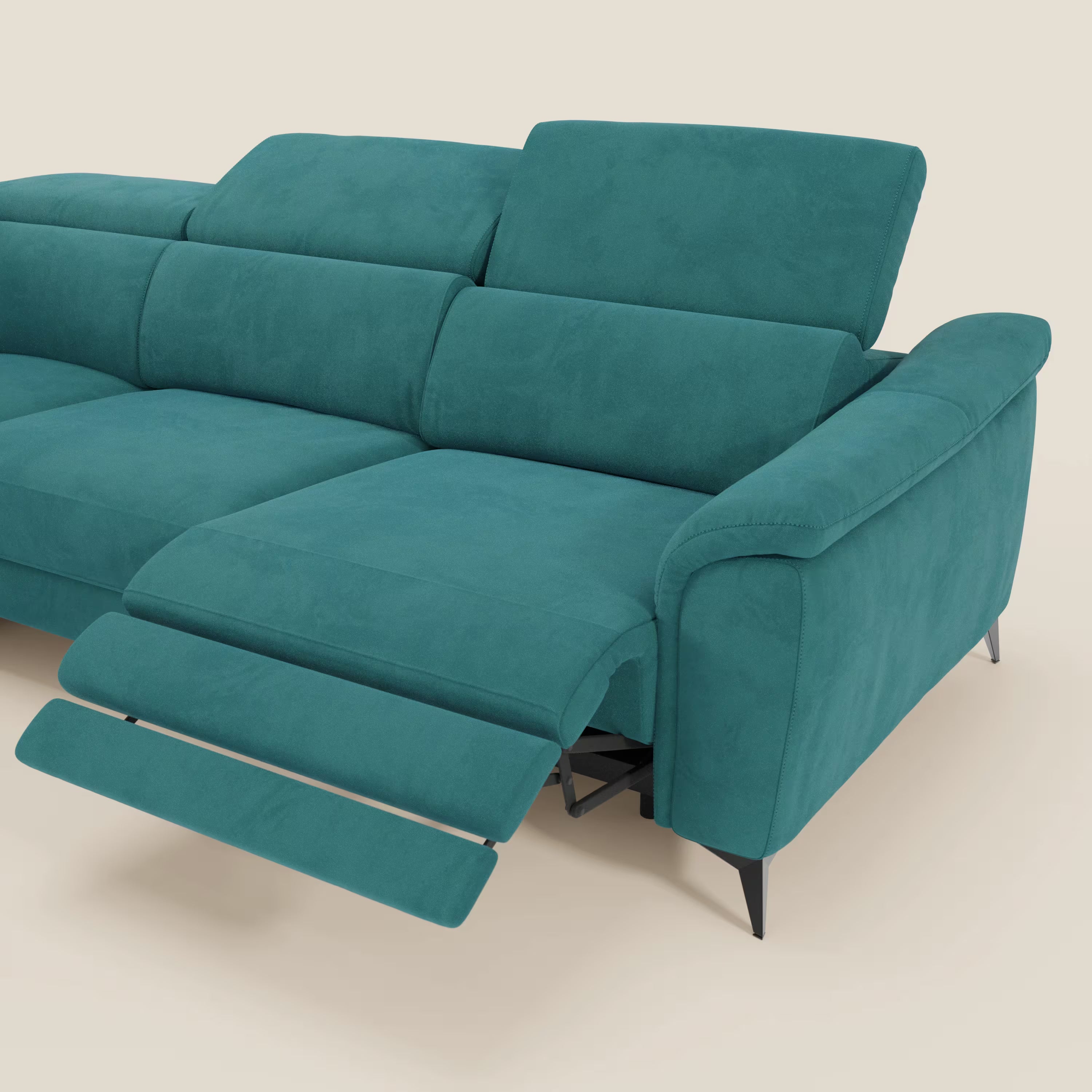 Arcos Ecksofa – hohe Füße und verstellbare Kopfstützen aus wasserfester Mikrofaser T11 petrol