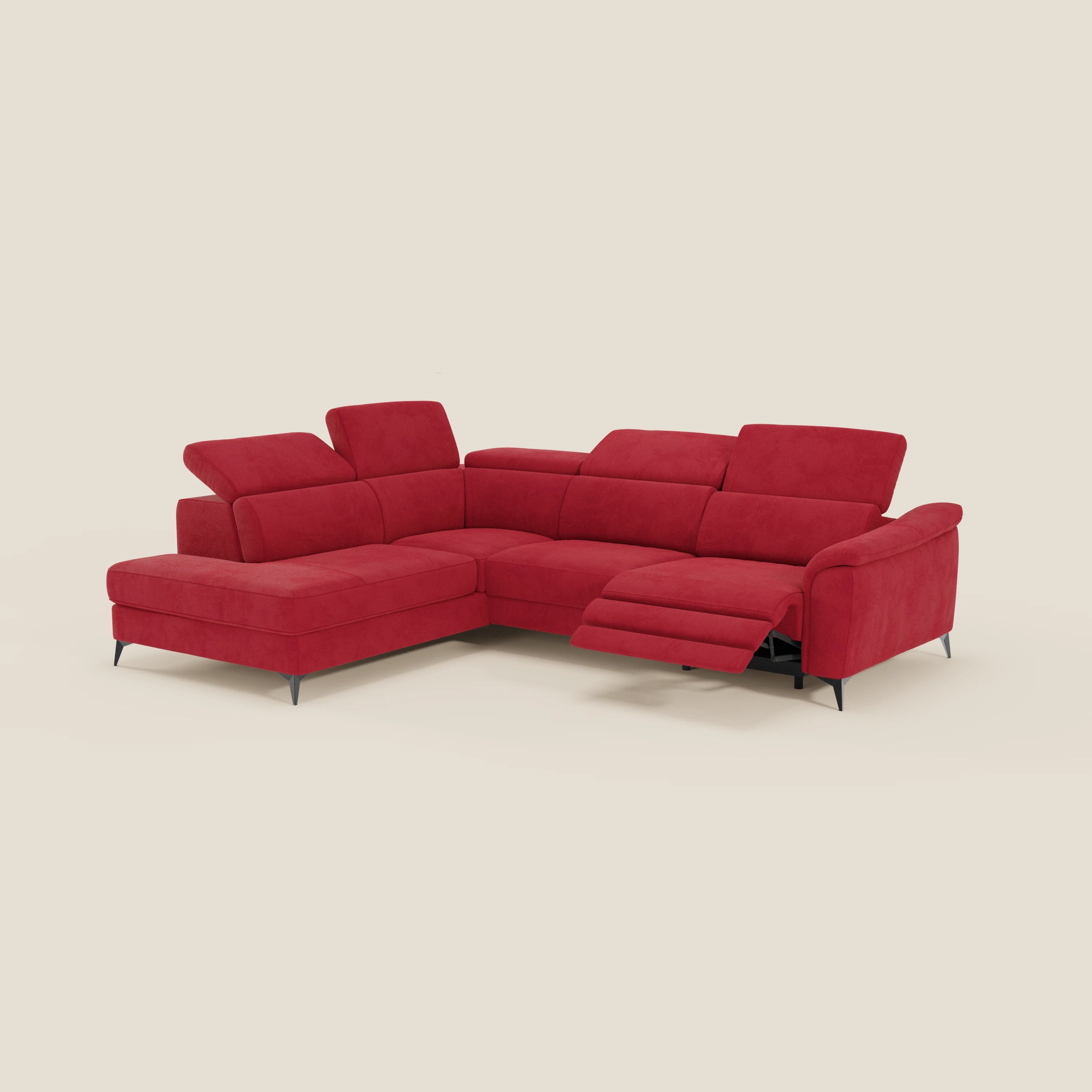 Arcos Divano angolare - piedini alti e poggiatesta reclinabili in microfibra impermeabile T11 rosso - divani.store
