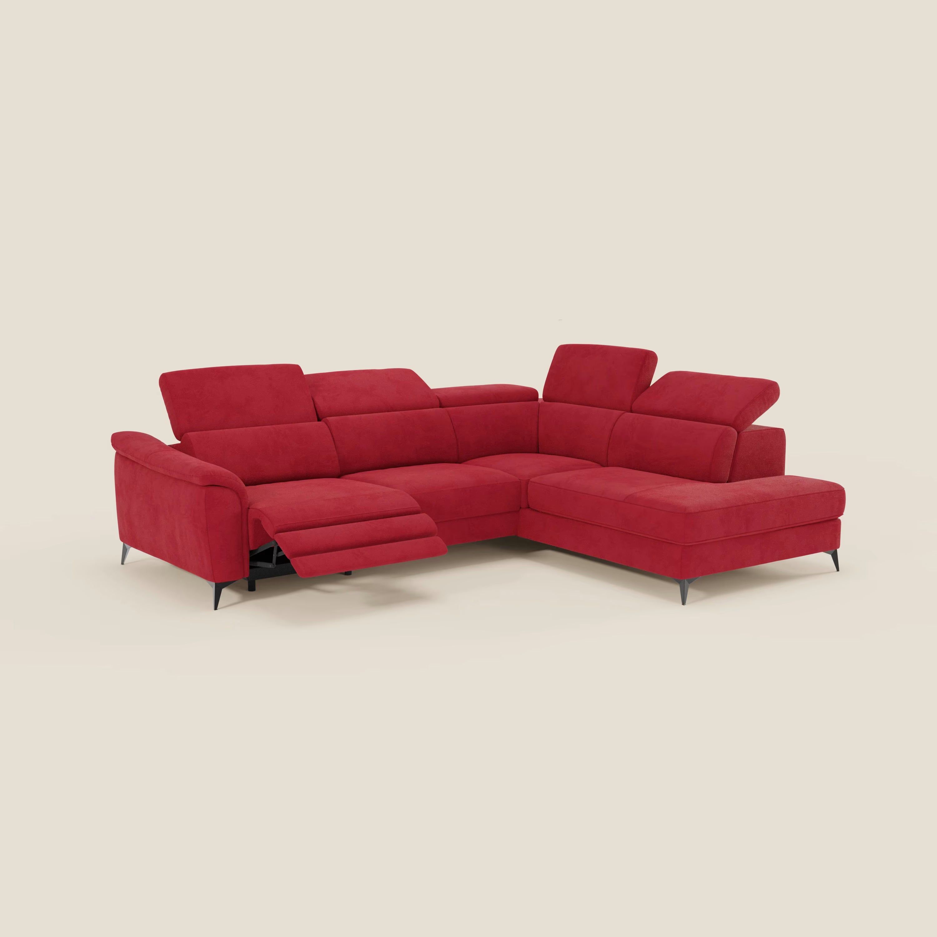 Arcos Divano angolare - piedini alti e poggiatesta reclinabili in microfibra impermeabile T11 rosso - divani.store