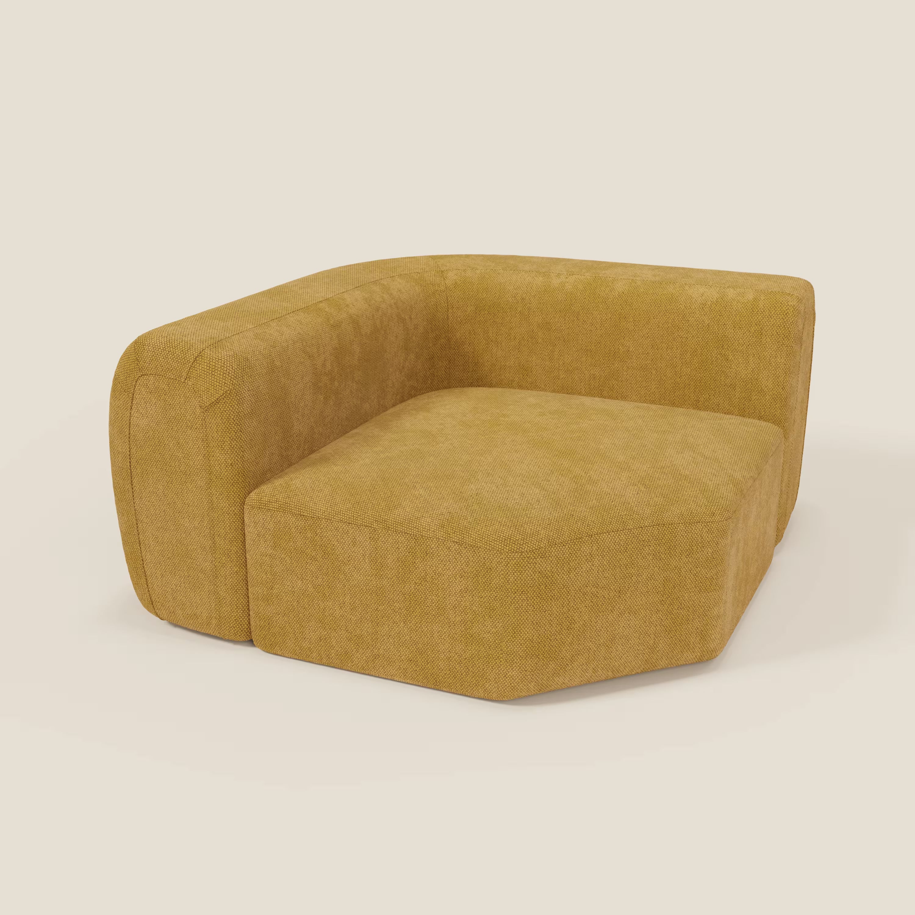 Il BonBon Modulo angolare di Divani.Store è un moderno divano angolare componibile GF edition in giallo senape, caratterizzato da uno schienale basso, un'ampia seduta, un'imbottitura testurizzata e linee geometriche pulite su uno sfondo chiaro senza soluzione di continuità.