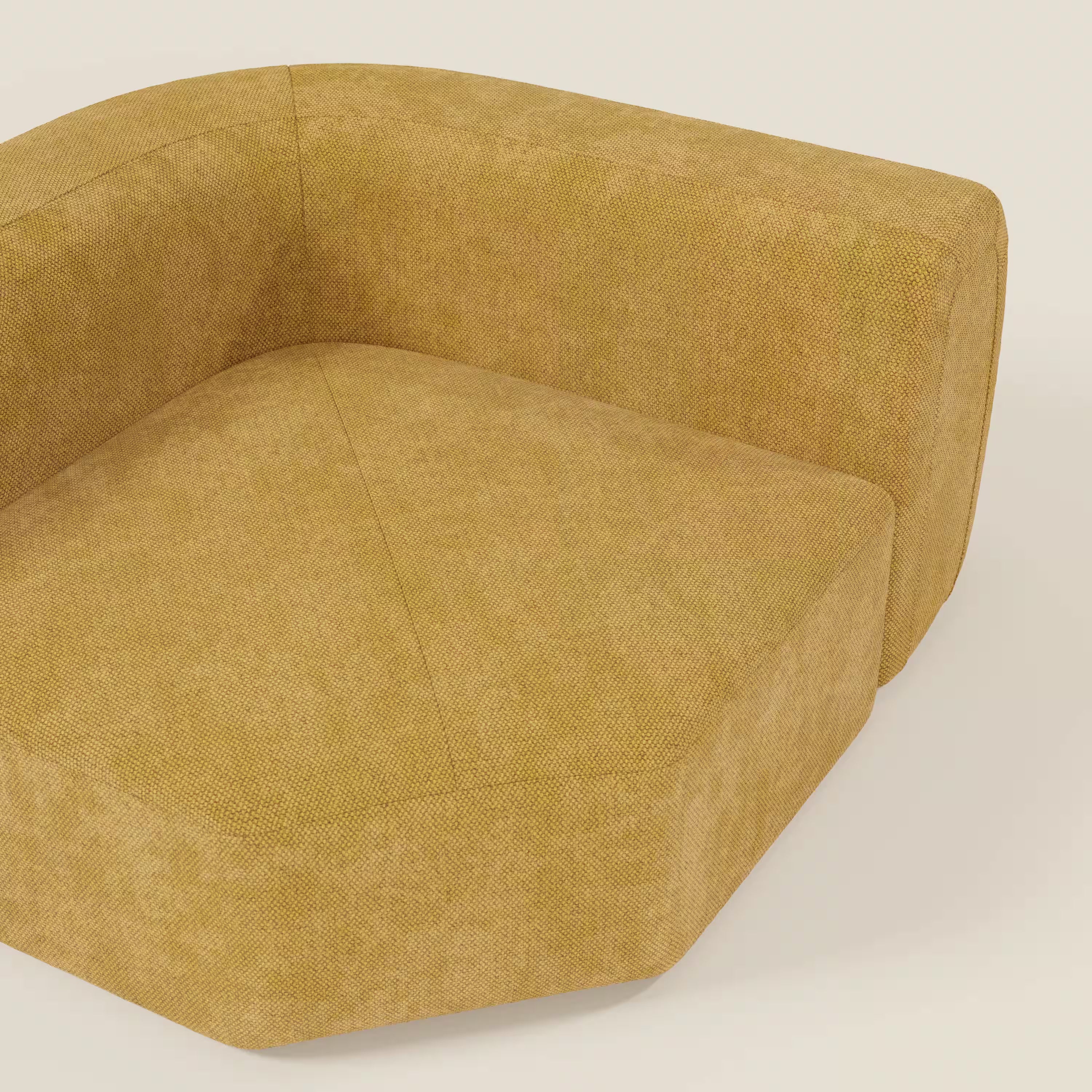 Primo piano di BonBon Modulo angolare - Divano modulare componibile GF edition giallo di Divani.Store: una poltrona modulare moderna di colore giallo senape con tessuto strutturato, cuscino di seduta spesso e schienale angolare su sfondo beige chiaro.
